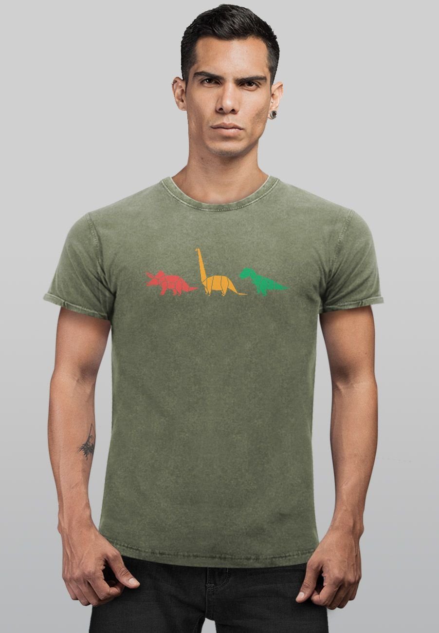 Neverless Print-Shirt Dinosaurier mit Geometric Polygon Prin Print oliv Herren Shirt Aufdruck Tiere Vintage