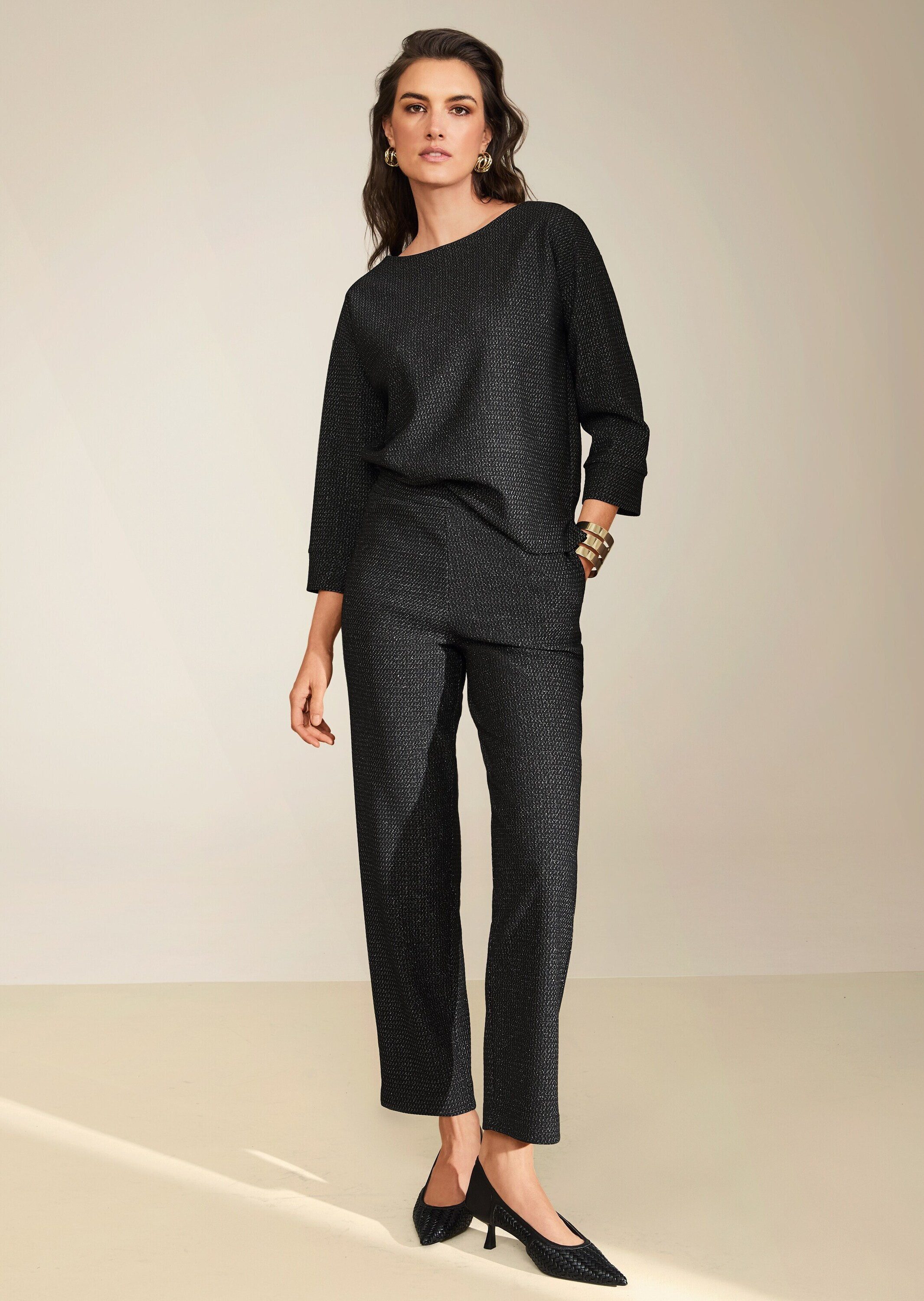 MADELEINE Langarmshirt Halbarm Glanzgarn-Oberteil Femininer U-Boot-Ausschnitt, 3/4-Ärmel-Pullover