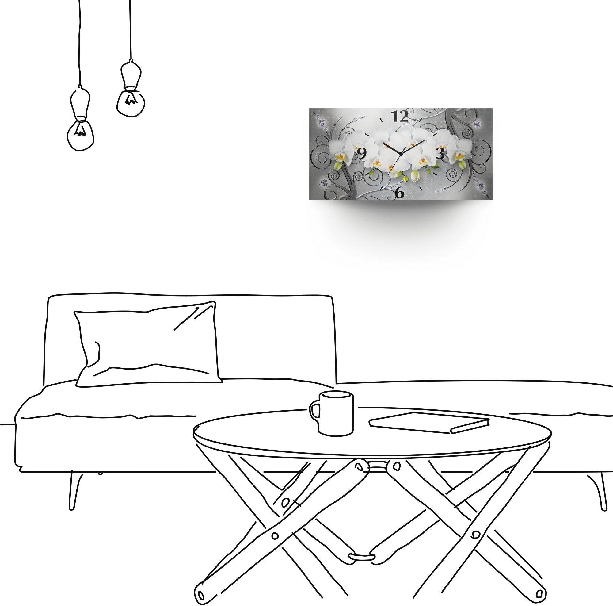 Artland Optik oder Quarz- Wanduhr Größen) Ornamenten Funkuhrwerk, gebogen, Orchideen mit (3D weiße versch. auf
