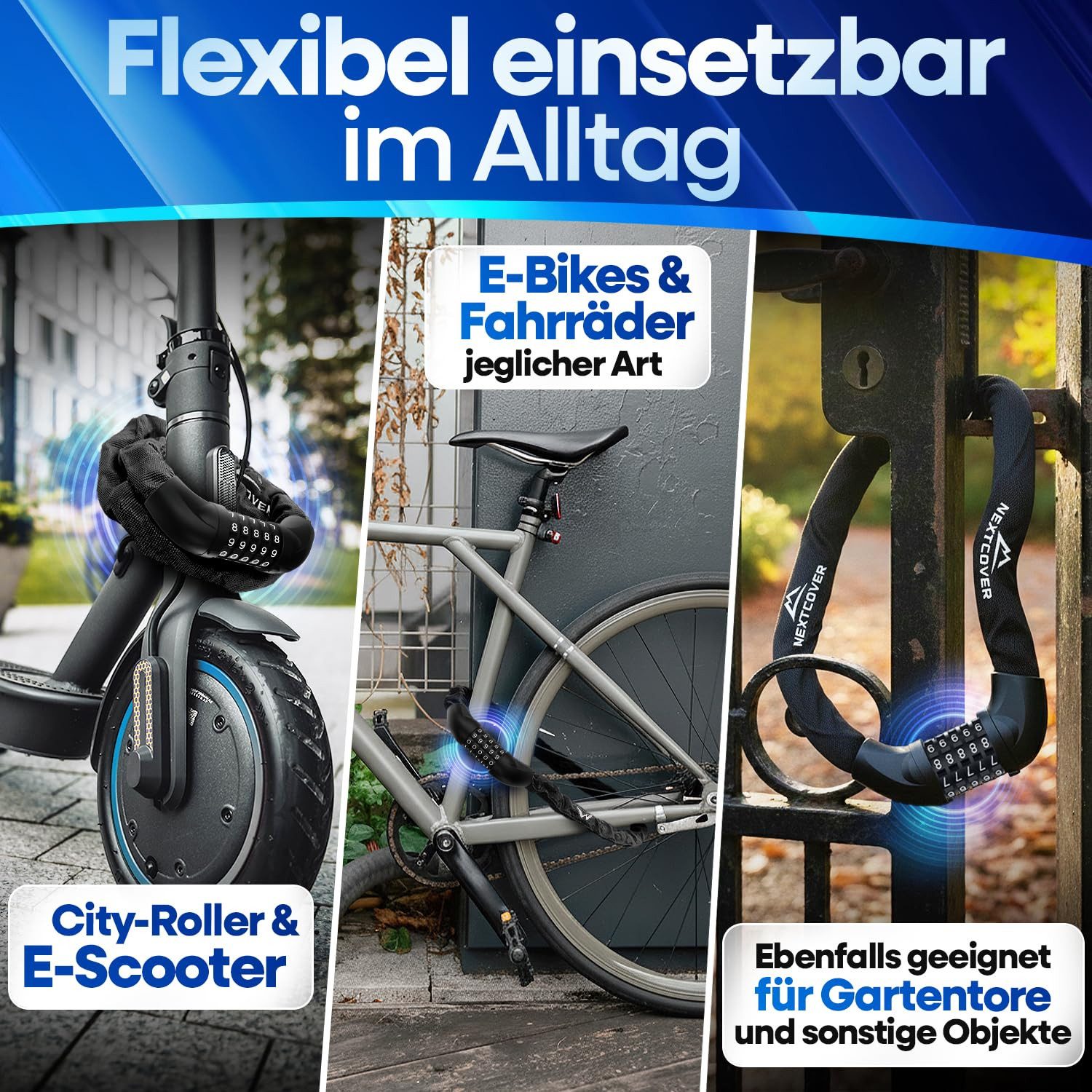 Nextcover Kettenschloss NEXTCOVER® Fahrradschloss LockOne mit Zahlencode oder Schlüssel – Bild 5 von 5