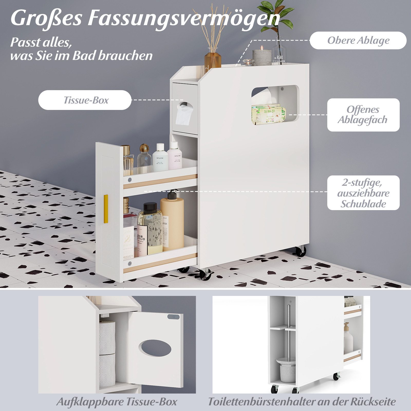 COSTWAY Badkommode, Nischenschrank schmal mit Schublade auf Rollen