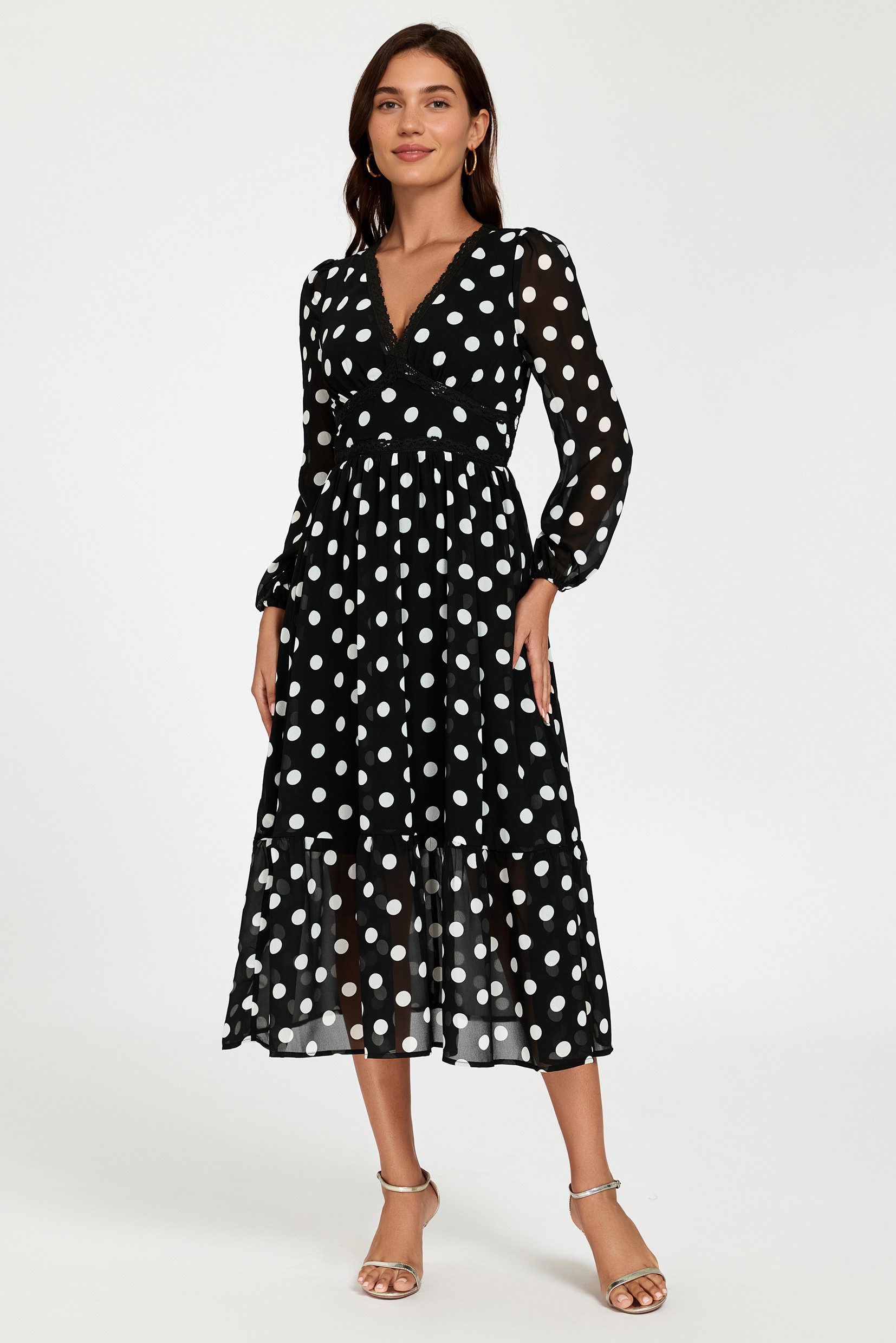 FS Collection Midikleid Damen Midikleid mit Spitzenbesatz, V-Ausschnitt und langen Ärmeln (XS (EU:36 / UK:8) · S (EU:38 / UK:10) · M (EU:40 / UK:12) · L (EU:42 / UK:14) · XL (EU:44 / UK:16) · XXL (EU:46 / UK:18, 2 Farben: Blau und Schwarz) leicht, weich, fließend & formstabil