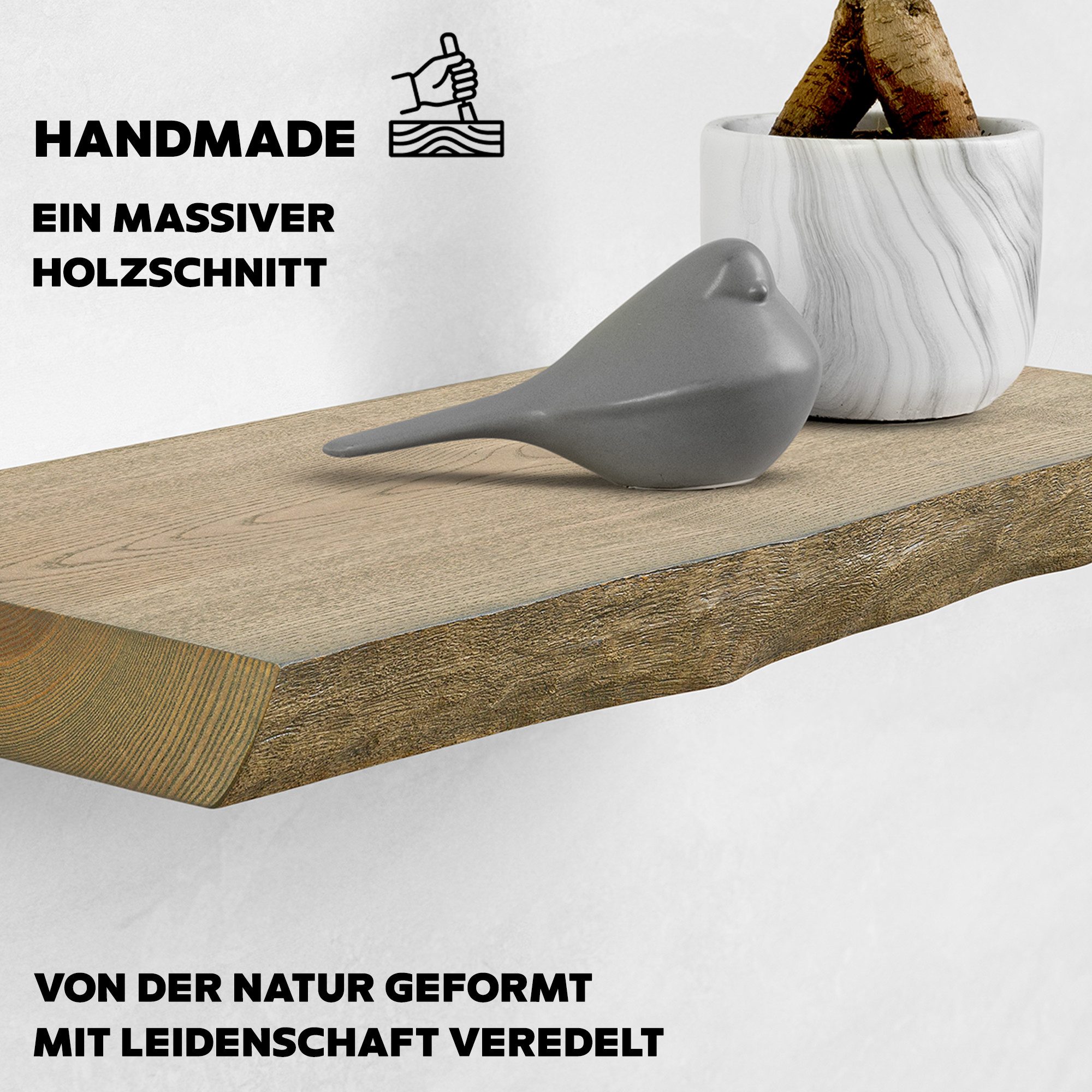 tømmermann Wandregal Schweberegal Holzregal mit Baumkante - Hängeregal aus Massivholz, Komplett-Set