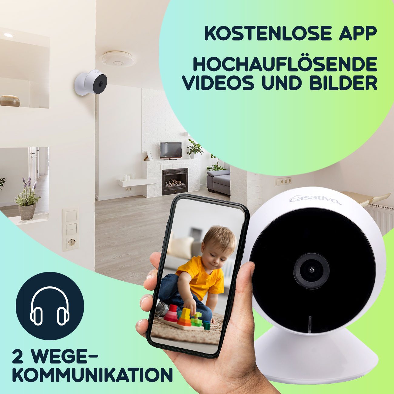 Casativo Überwachungskamera mit Akku Full-HD IP Überwachungskamera Smart IR-Nachtsicht 10m (Innenbereich, 3-tlg., Bewegungs- und Personenerkennung, Live View per App, Bildwinkel: 100)