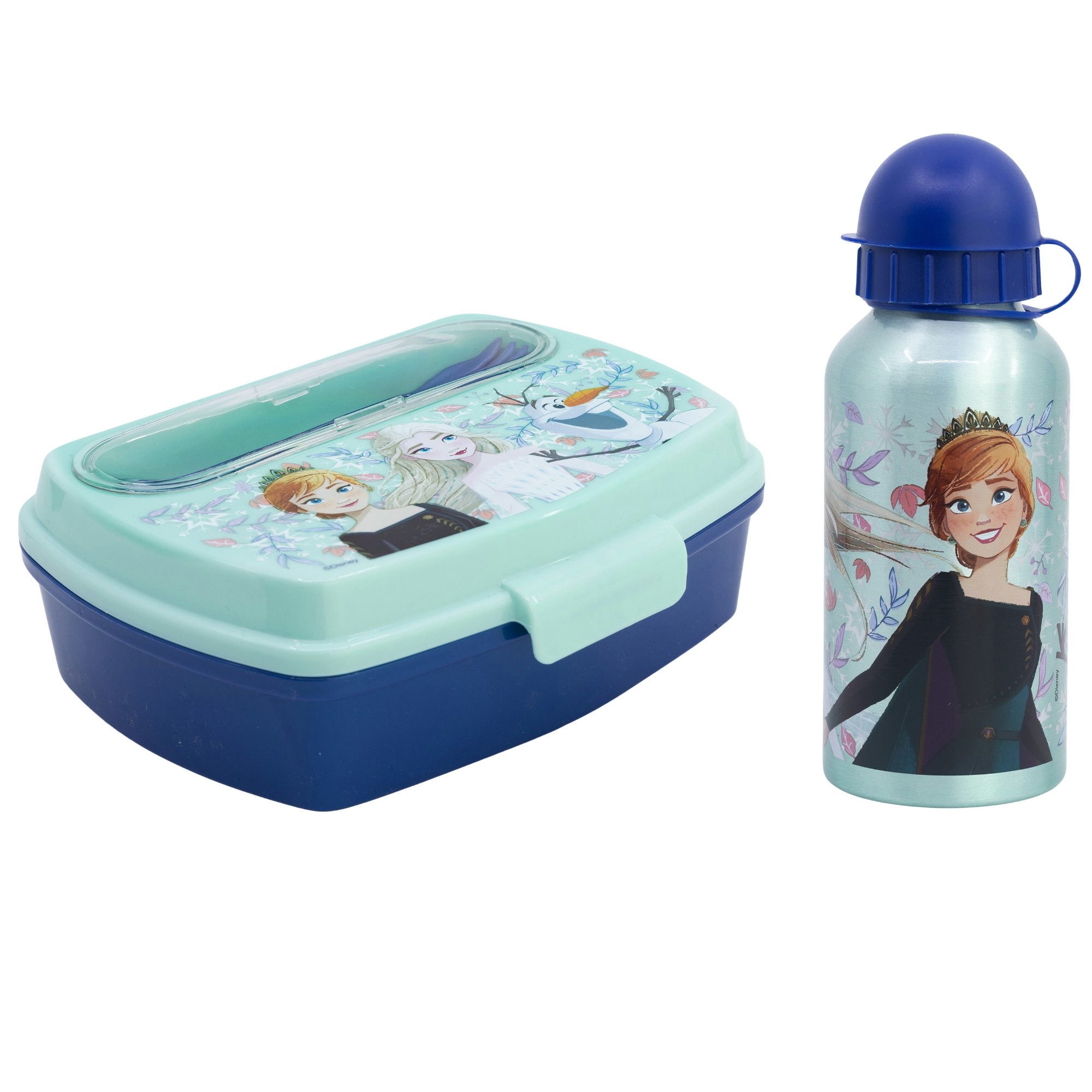 Disney Lunchbox Disney Die Eiskönigin 4 tlg Kinder Lunch Set, (Spar-Set, 4-tlg., Spar-Set), Brotdose Alu-Trinkflasche 400ml Besteck