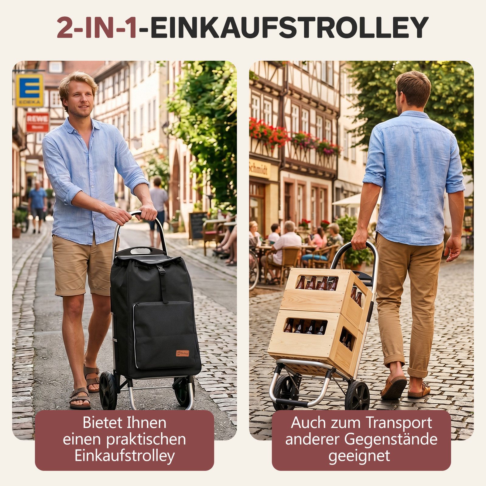 Sekey Einkaufstrolley 2 in 1 Klappbar Einkaufswagen mit Kühlfach - 50 Liter Einkaufsbeutel, 50 l, Faltbar Einkaufsroller mit großen Rädern und Sackkarren-Funktion