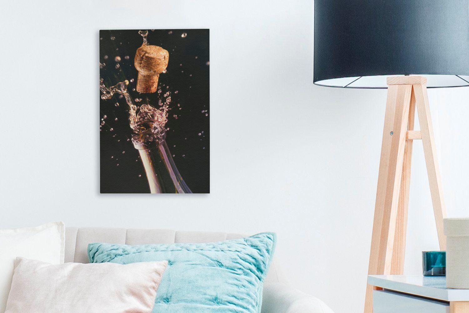 einer Korken Gemälde, bespannt Champagnerflasche, Zackenaufhänger, St), 20x30 fertig cm knallt aus Leinwandbild Ein Leinwandbild (1 inkl. OneMillionCanvasses®