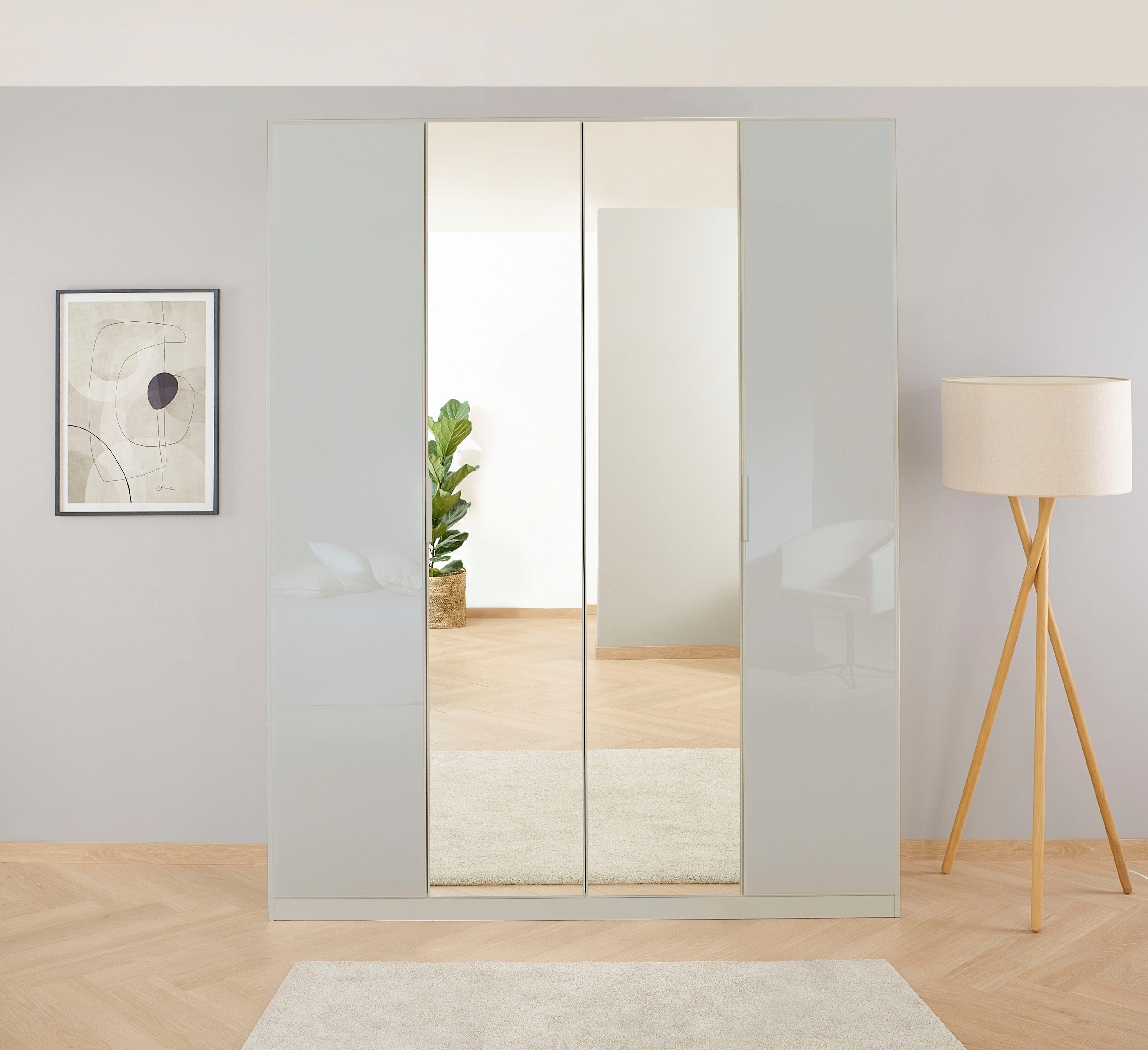 rauch Drehtürenschrank Kleiderschrank Schrank Garderobe KOLUNA mit hochwertiger Glas-Front (Breiten 181/226/271/315 cm Höhen 210/229 cm) mit Spiegel, inkl. 2 Innenschubladen sowie extra Böden MADE IN GERMANY