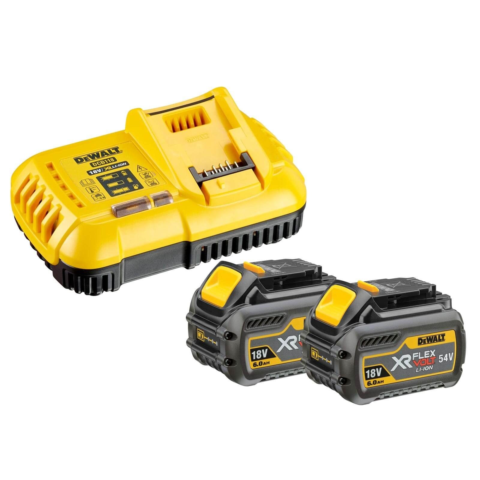 DeWalt DeWALT Akku Starter-Set DCB118T2-QW (54 Zusatz-Akku FlexVolt inkl. Ladegerät Akkus DCB118T2-QW V) und