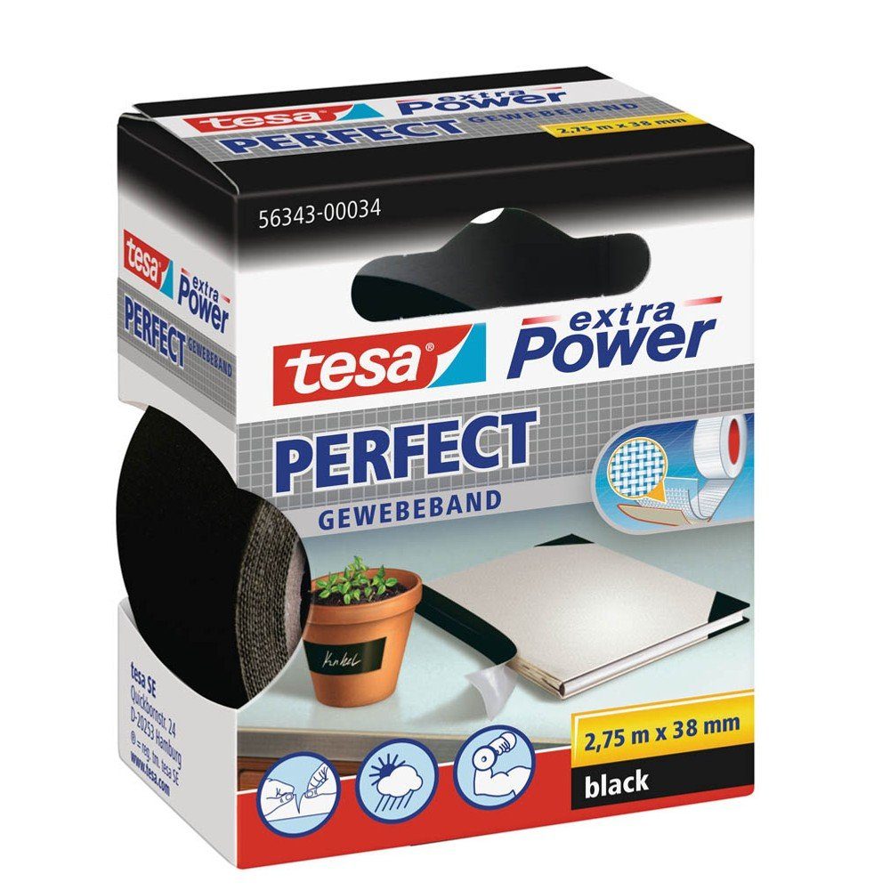 extra tesa Perfect Gewebeband 2,75m Power® 38mm x 56343 schwarz Klebeband tesa®