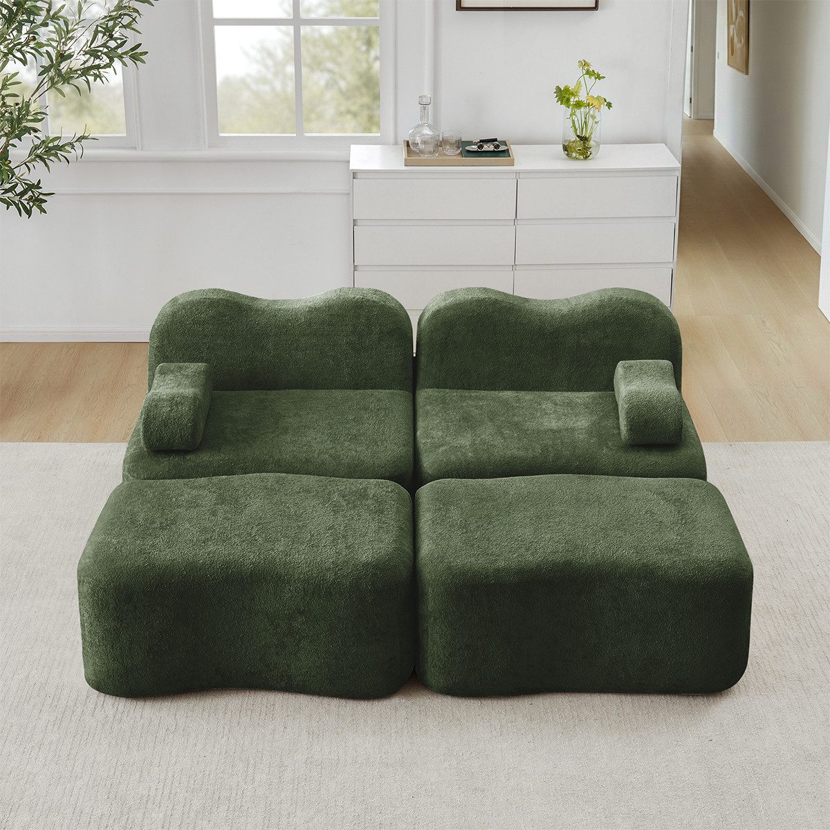 XDeer Sofa 2-Sitzer Sofa mit 2 Ottomans und Bewegliches Armlehnenkissen, Boneless Sofa aus 32D Hochdichtschaum Wohnzimmersofa Grün