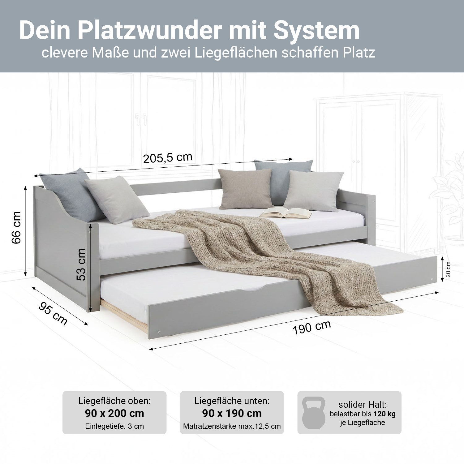 Homestyle4u Ausziehbett 90x200 Holz Gästebett mit Ausziehfunktion 2 Liegeflächen Doppelbett (Komplett-Set mit 2x Lattenrost), 2x 90x200, 2 Personen/Kinder, Stauraumbett, ausziehbar