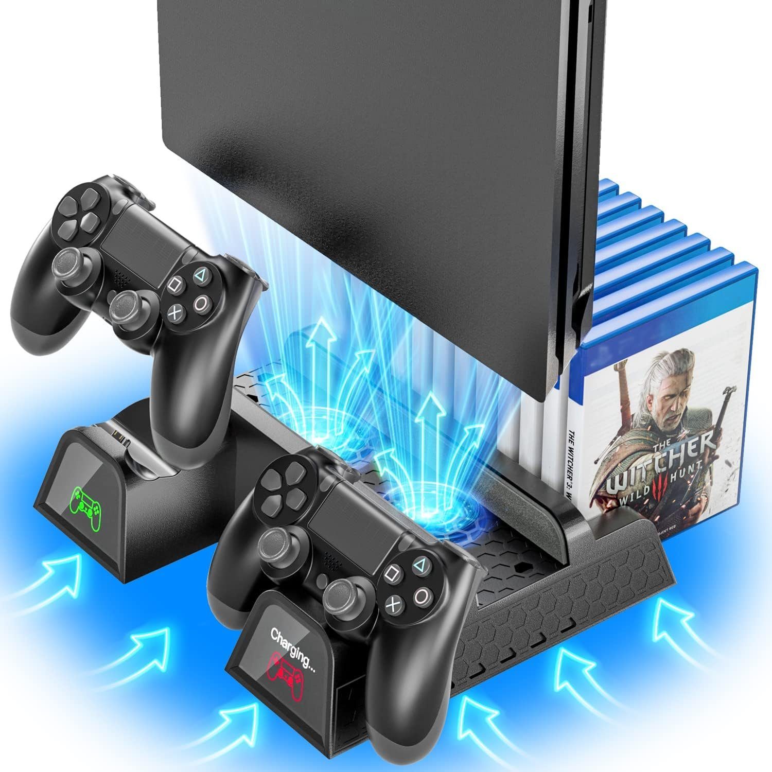 HYTIREBY PS4 Standfuß, Kühler mit Controller Ladestation für PS4/PS4 Pro/Slim Konsolen-Standfuß, (Playstation 4/PS4 Pro/Slim, PS4, PS4 Halterung, Ständer, Lüfter mit 12 Spiele Lagerung)