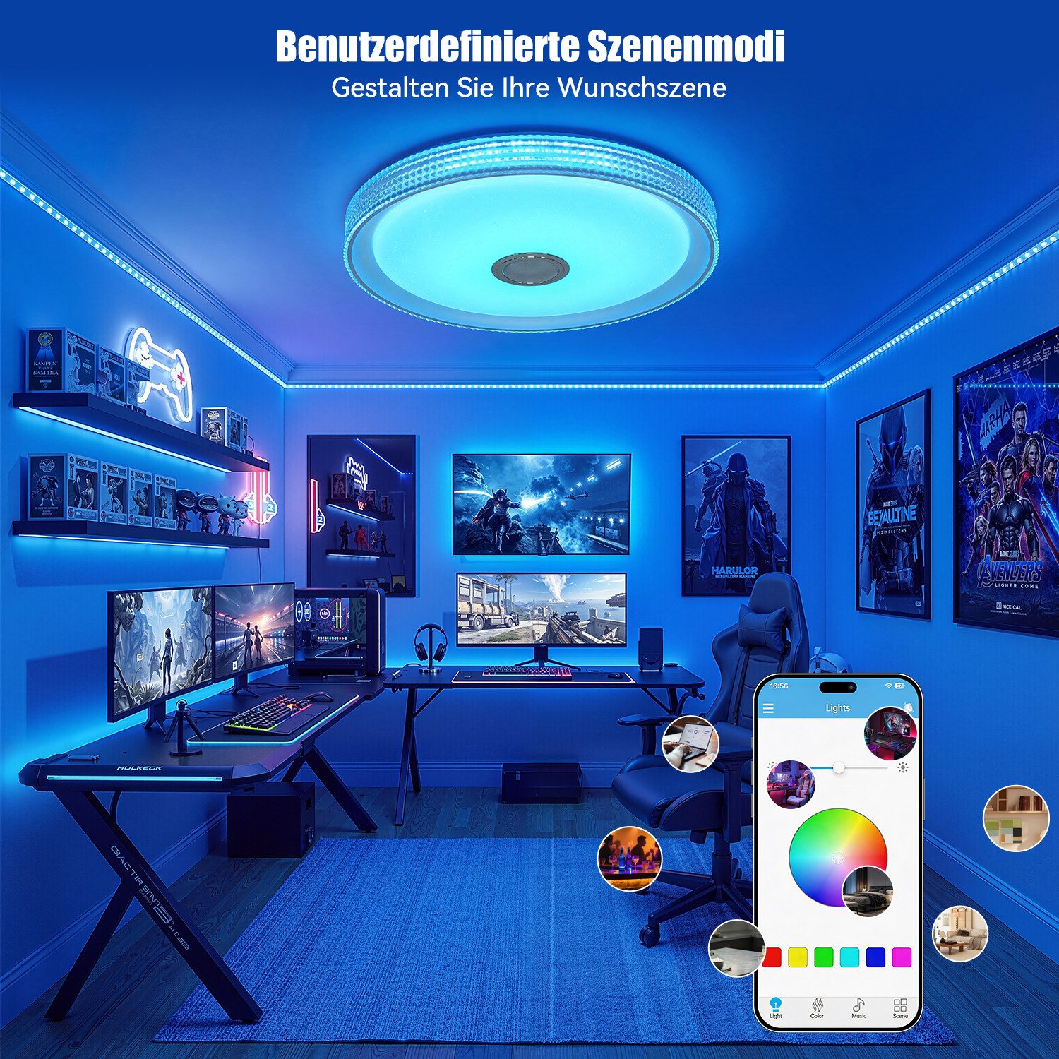 oyajia Deckenleuchte 55W LED Deckenlampe mit Bluetooth Lautsprecher, RGB Fernbedienung APP, LED fest integriert, Kaltweiß+Naturweiß+Warmweiß+RGB, mit RGB Farbwechsel für Schlafzimmer Wohnzimmer Kinderzimmer Hotel