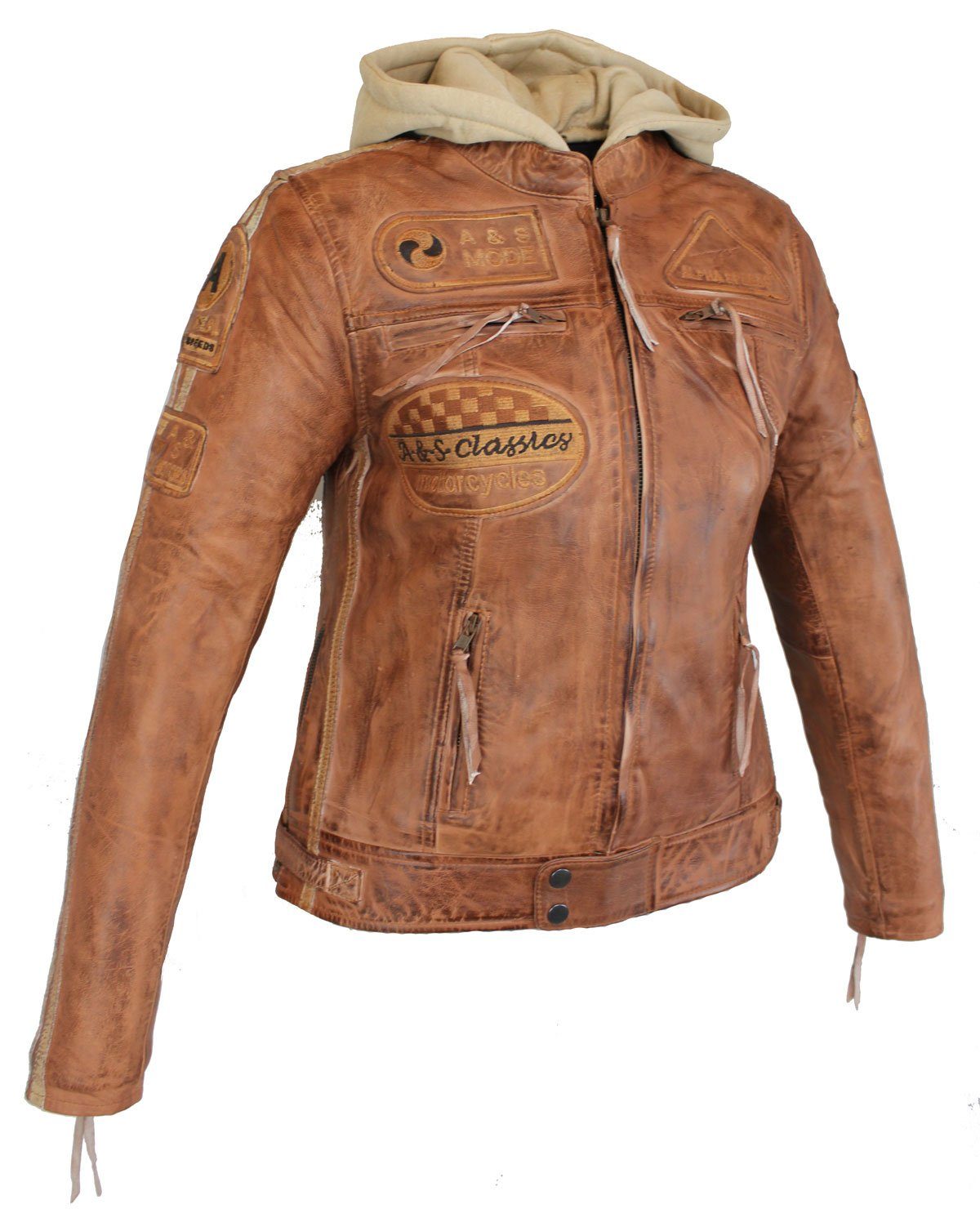 Alpha Speeds Motorradjacke - /Freizeit Damen Lammlederjacke Bikerjacke Highway 11 (mit einer abnehmbaren Kapuze) aus weichem Lammleder, inklusive einsetzbarer Protektoren