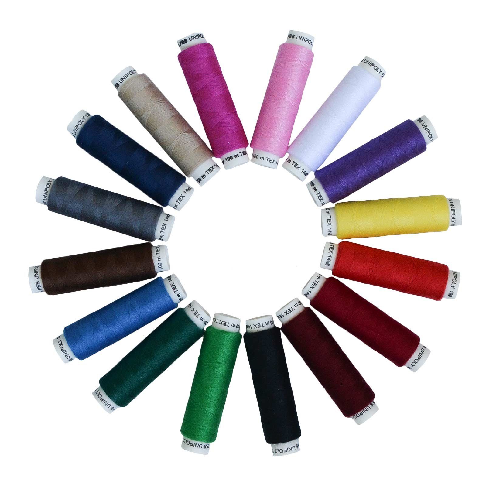 maDDma Nähgarn-Set 16 Farben je 100m UNIPOLY, Polyester Nähgarn