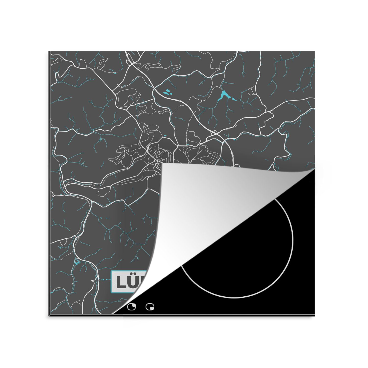 MuchoWow Herdblende-/Abdeckplatte Karte - Lüdenscheid - Blau - Stadtplan - Deutschland, Vinyl, (1 tlg), 78x78 cm, Ceranfeldabdeckung, Arbeitsplatte für küche