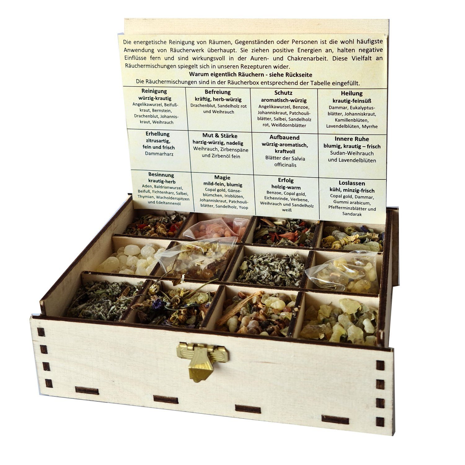Heilkräuter Manufaktur Räucherstäbchen Räucherbox Geschenkbox mit 12 Sorten Räuchermischungen 14 x 10 x 4 cm