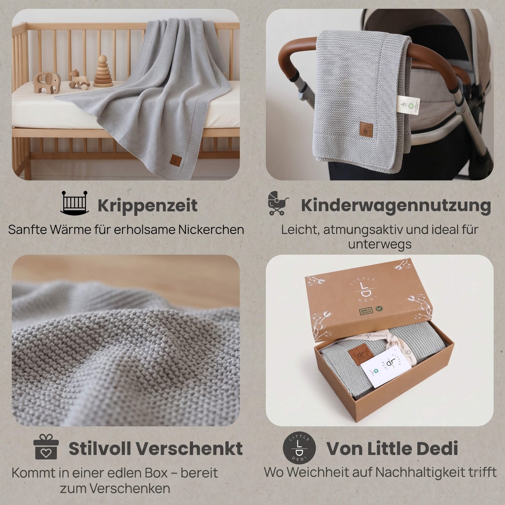 Babydecke Baby Strickdecke, %100 Bio Baumwolle, Atmungsaktiv, 80x100cm, Silber, Little Dedi – Bild 3 von 5