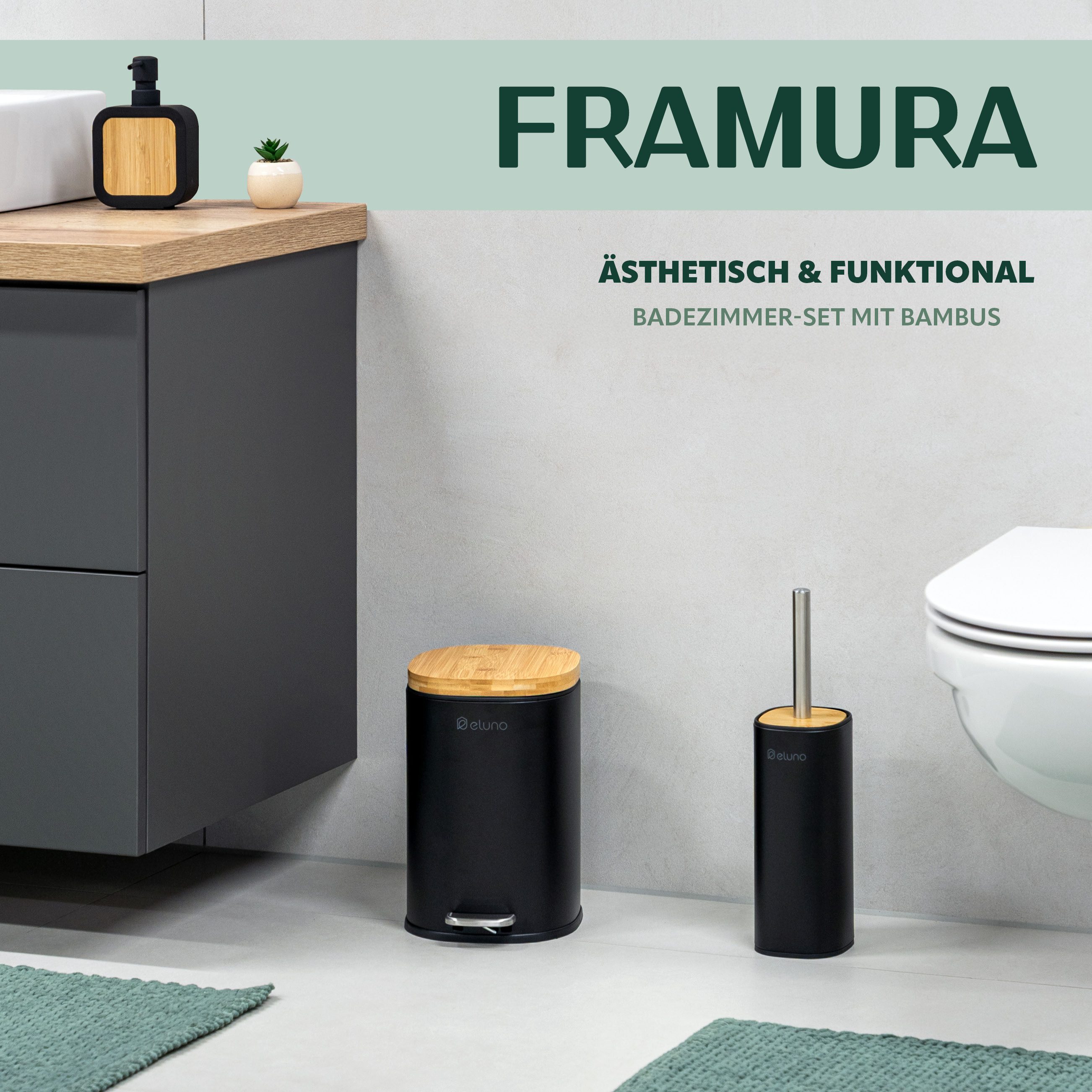 eluno Badaccessoire-Set Badezimmerset aus Metall und Bambus, 2 tlg.