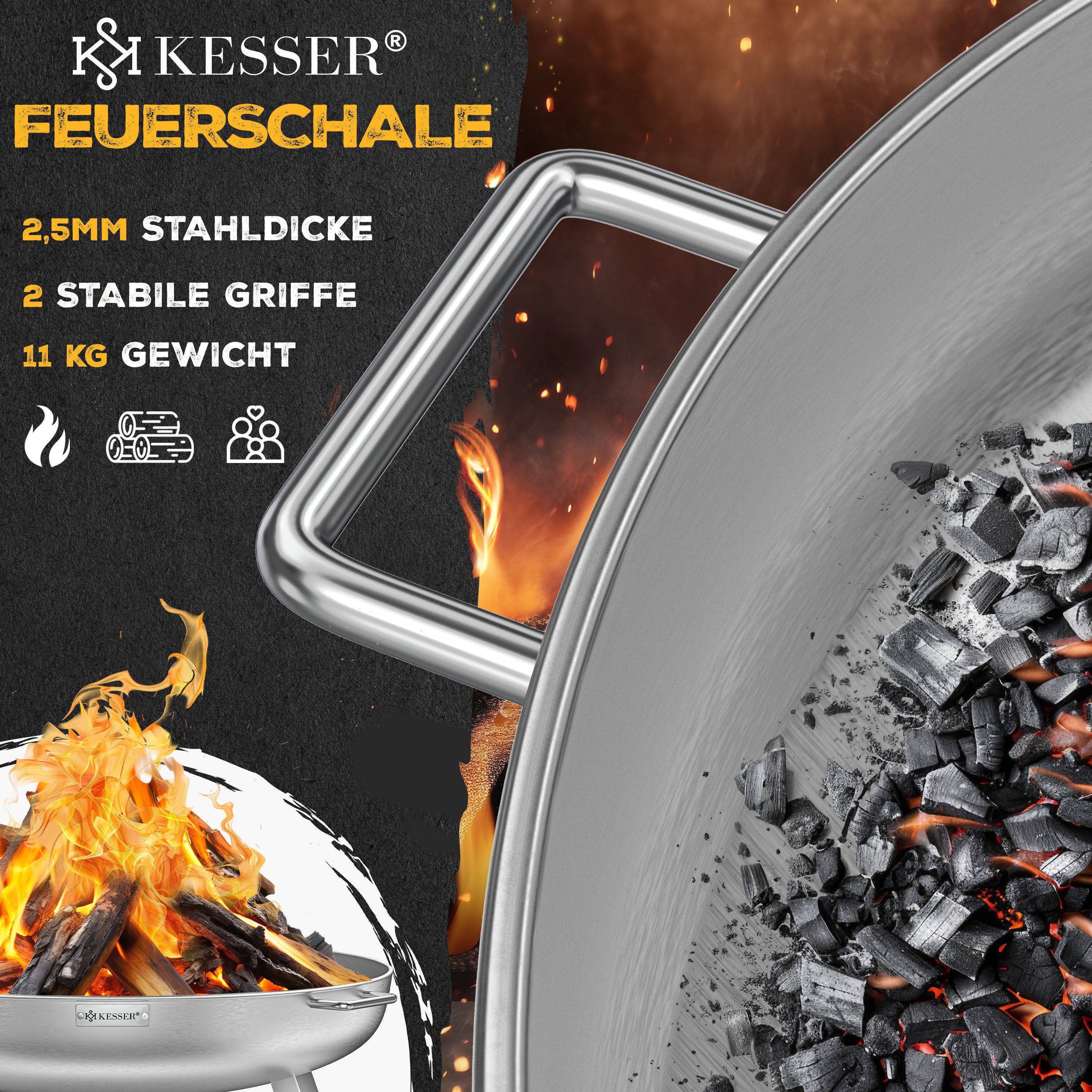 KESSER Feuerschale Feuertonne mit 2,5mm Stahldicke Feuerstelle, (Feuerkorb inklusive Feuerhaken + Wasserablauf), Feuerstelle massives Gusseisen 2 stabile Griffe