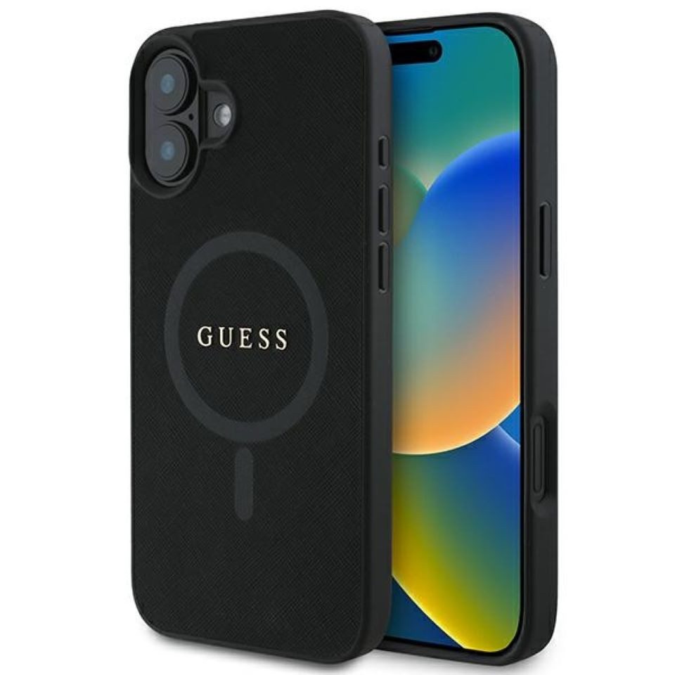 Guess Handyhülle iPhone 16 Plus schwarz glitzernde Optik Logo goldfarbig MagSafe 6,7 Zoll, Kantenschutz
