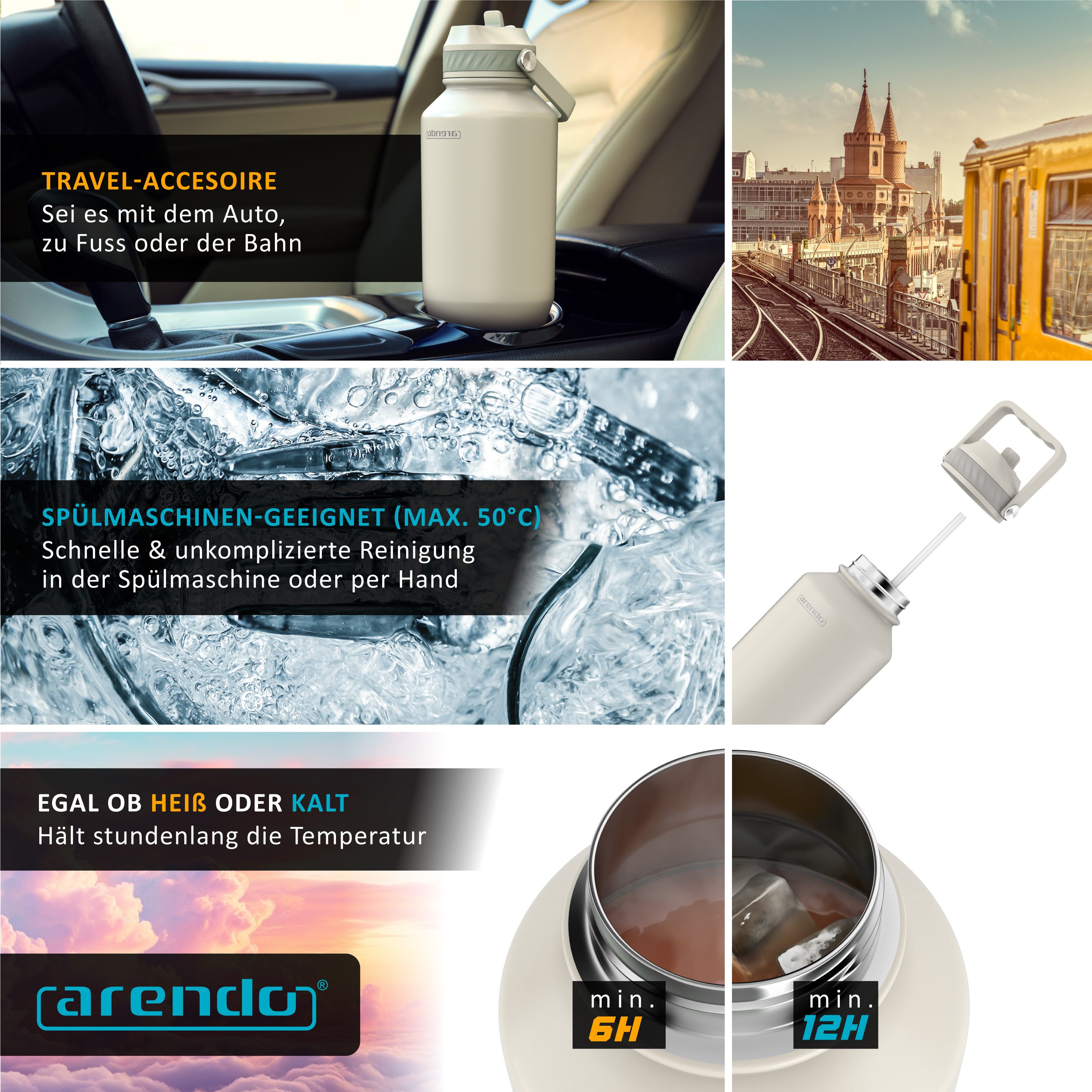 Arendo Thermobecher Travel Mug 1000 ml, Isolierbecher mit Strohhalm, 100% auslaufsicher, 1-tlg., Edelstahl, doppelwandig, Vakuum-Isolierung, dicht, Klappverschl – Bild 4 von 5