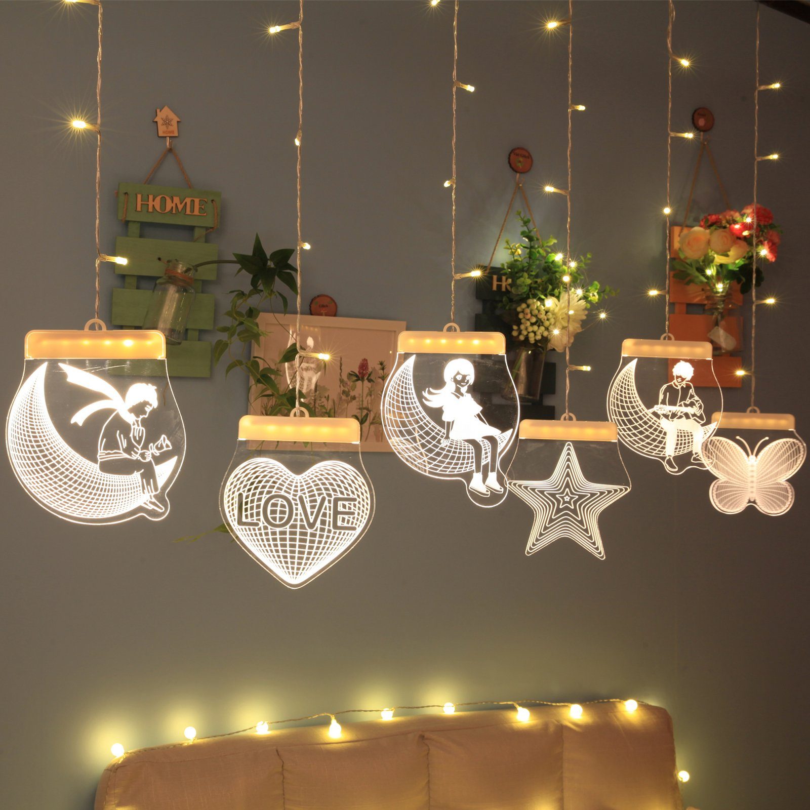 Sunicol LED-Lichterkette LED Lichtervorhang, Dimmbare Twinkle Licht, Timer mit Fernbedienungen, Party Weihnachten Innen Hochzeit Deko Warmweiß