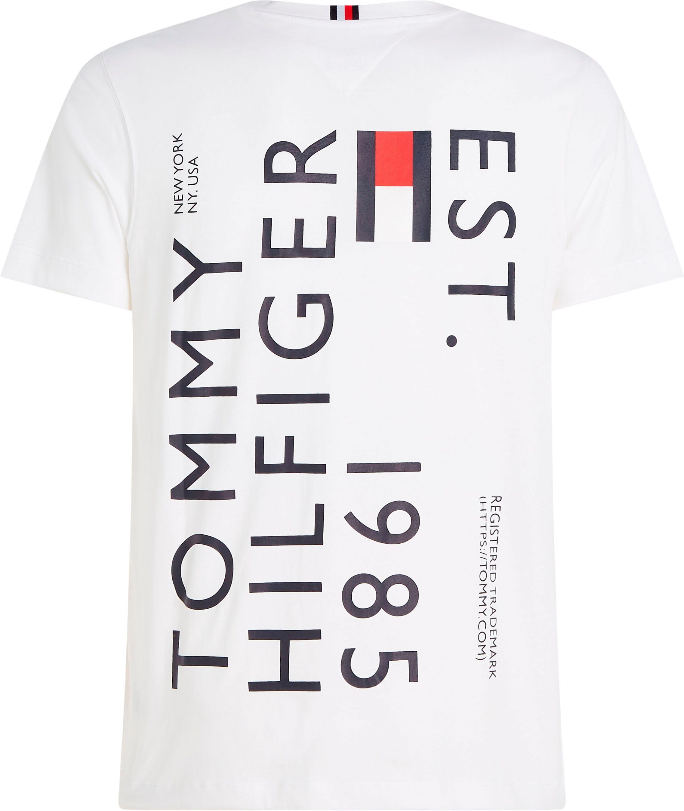 Hilfiger auf Tommy Rundhalsshirt BRAND LOVE BACK White Rücken TEE TH-Aufdruck großem dem mit