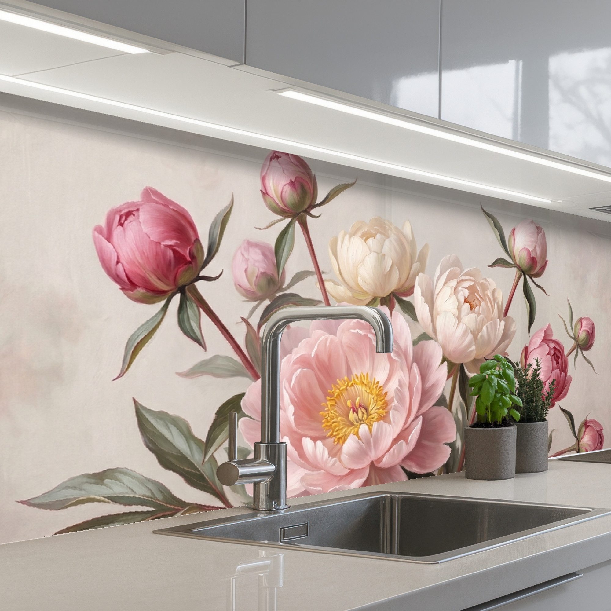 KitchenYeah Küchenrückwand selbstklebend (keine Folie) Pfingstrosen - Strauß - Rosa, (1-tlg), Spritzschutz, Küche, Rückwand, Küchenwand, Abwaschbar, 200x60 cm
