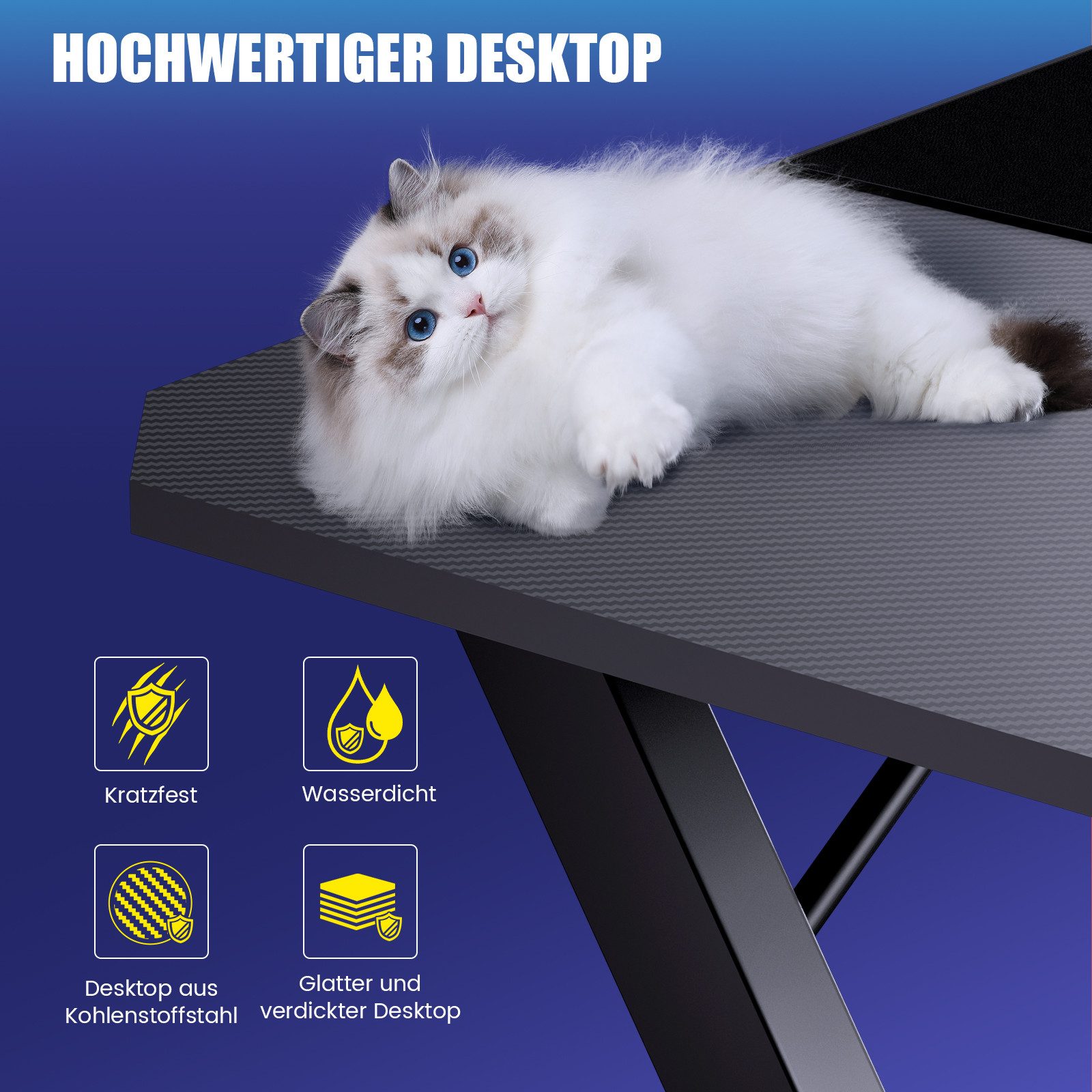 GTPLAYER Schreibtisch 120×60 Gaming Tisch mit Mauspad PC Tisch Kohlefaseroberfläche, Stabiler Computertisch mit Kopfhörerhaken, Schwarz