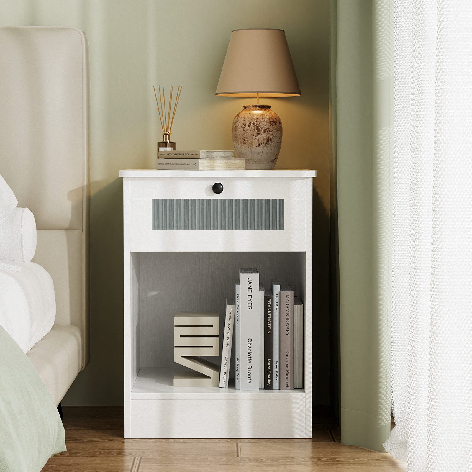 VOWNER Nachttisch mit Glasfront und Schublade, offenes Fach, Weiß, 45x40x60 cm (1-St), multifunktional als Beistelltisch für Schlafzimmer und Wohnzimmer