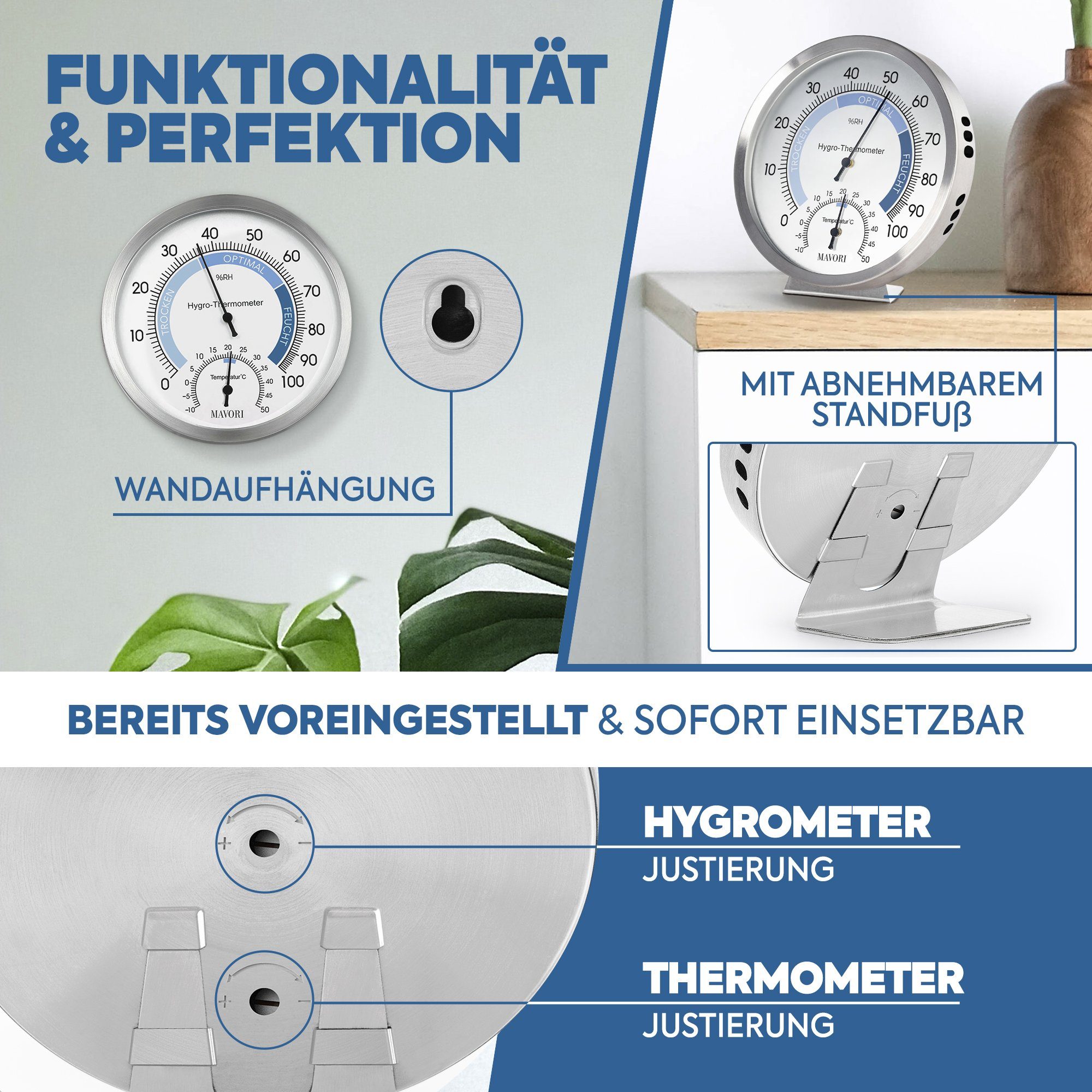 MAVORI Hygrometer mit Thermometer analog aus Edelstahl - präzise und stilvoll - Ø 12,5cm, batteriefreier Betrieb (Bi-Metall)