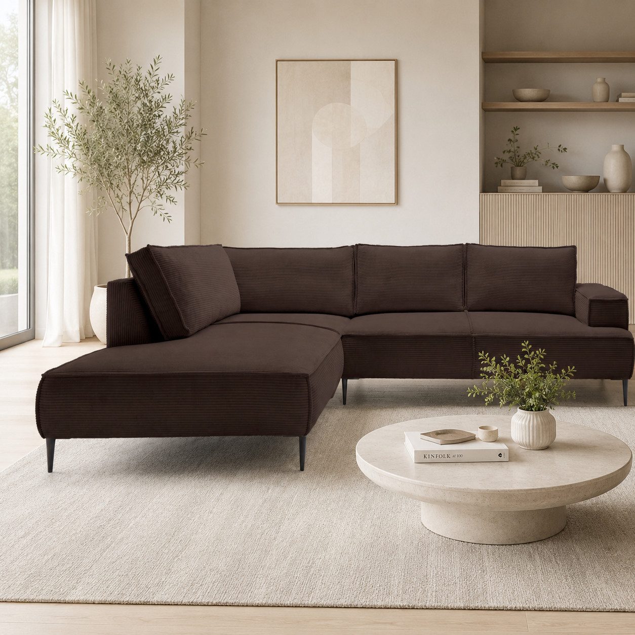 Goldstoff Ecksofa Cord VESPA L Beige – großes Wohnlandschaft Sofa L-Form, Großzügige Sitzfläche