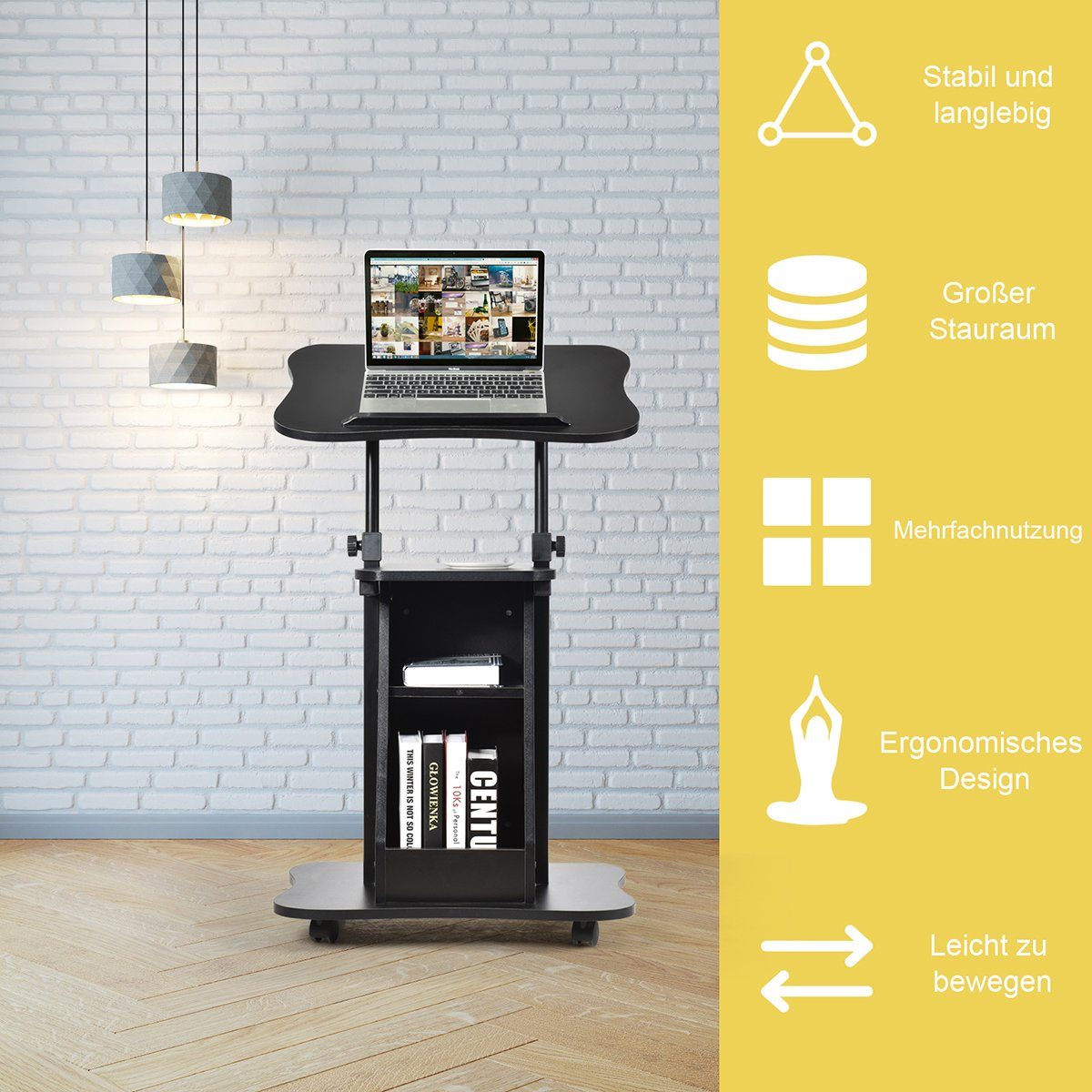 COSTWAY Laptoptisch, höhenverstellbar, mit Schwenkplatte & Fächern