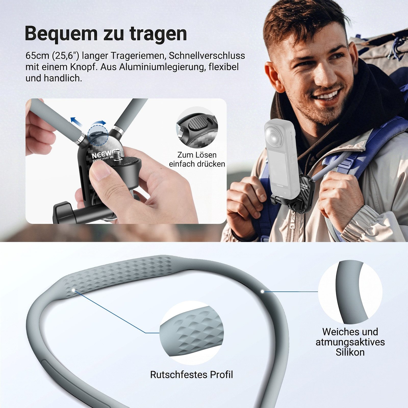 Neewer Action Cam-Halterung Hals Halterung Kompatibel mit GoPro DJI Insta 360 Action Cam, (Packung, Schnellverschluss Nackenhalterung mit Luftpolster)
