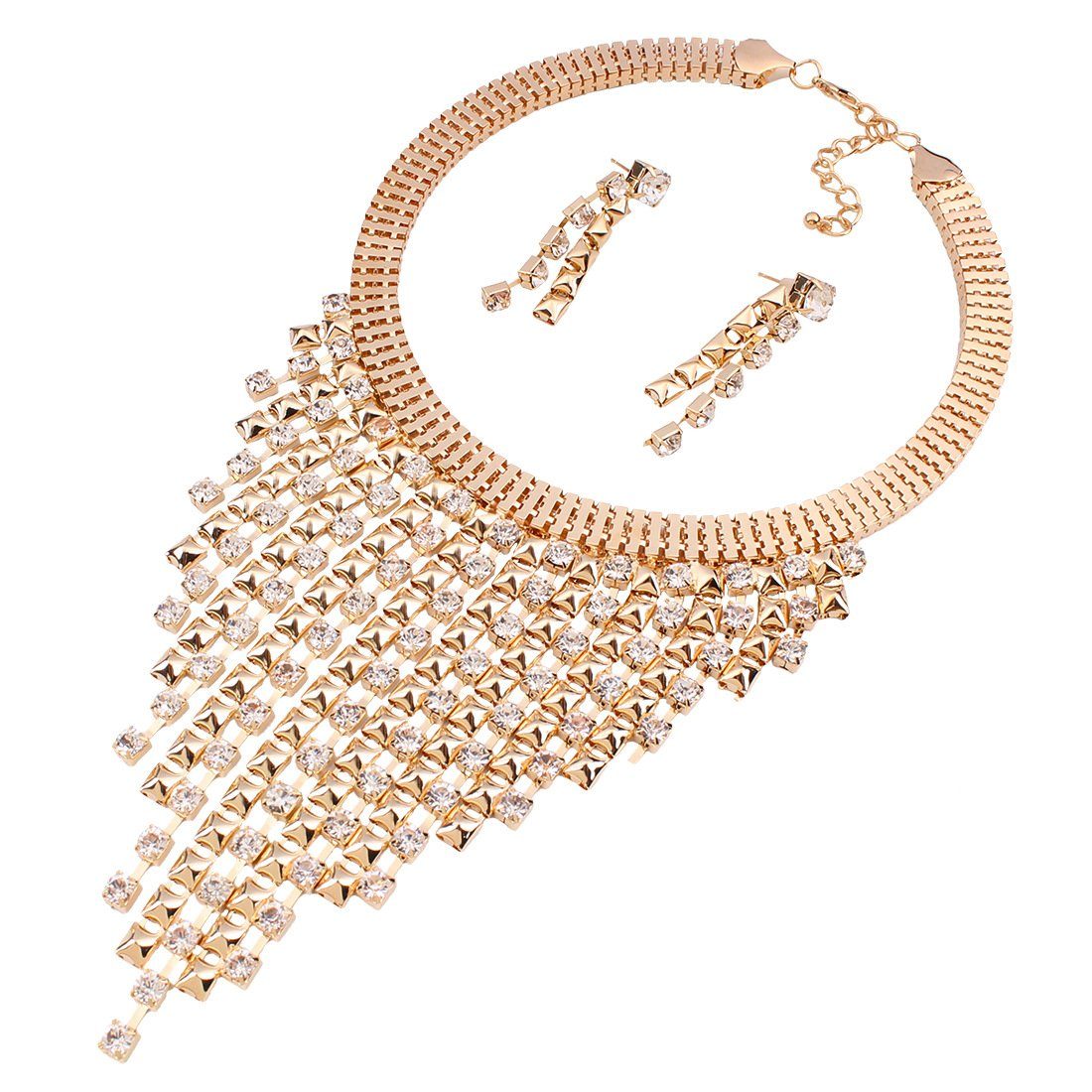 GLAMO Goldfarbene Quasten Halskette und Choker-Set Ohrringe mit und Diamanten
