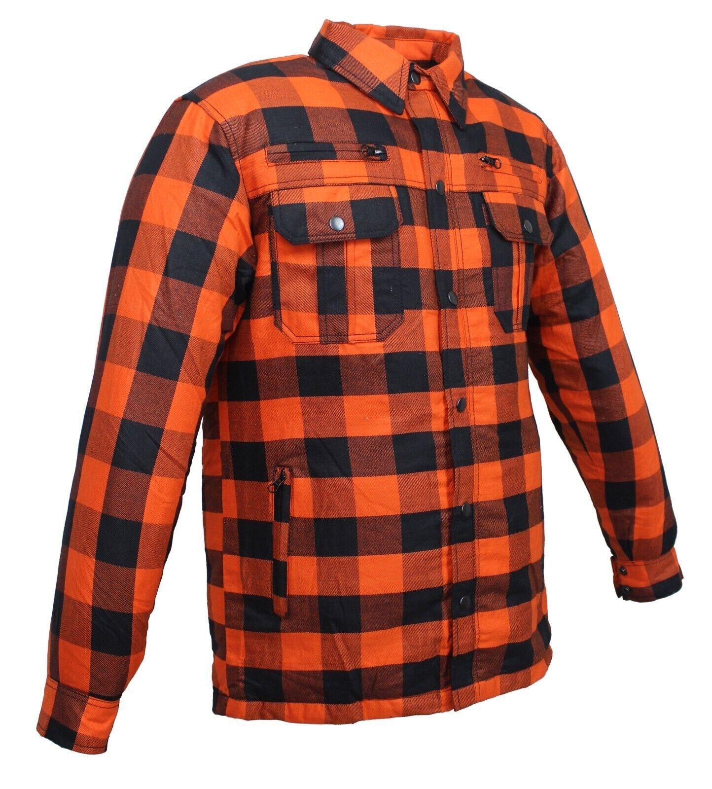Alpha Speeds Motorradjacke Flanell-Holzfäller Motorrad KEV ARAMID Lumber Biker Hemd SLIM Orange (Wasserdicht & Winddicht & Atmungsaktiv + Belüftungstaschen / Motorradhemd) All Season, wasserdichte Reißverschlüsse, mit Protektoren