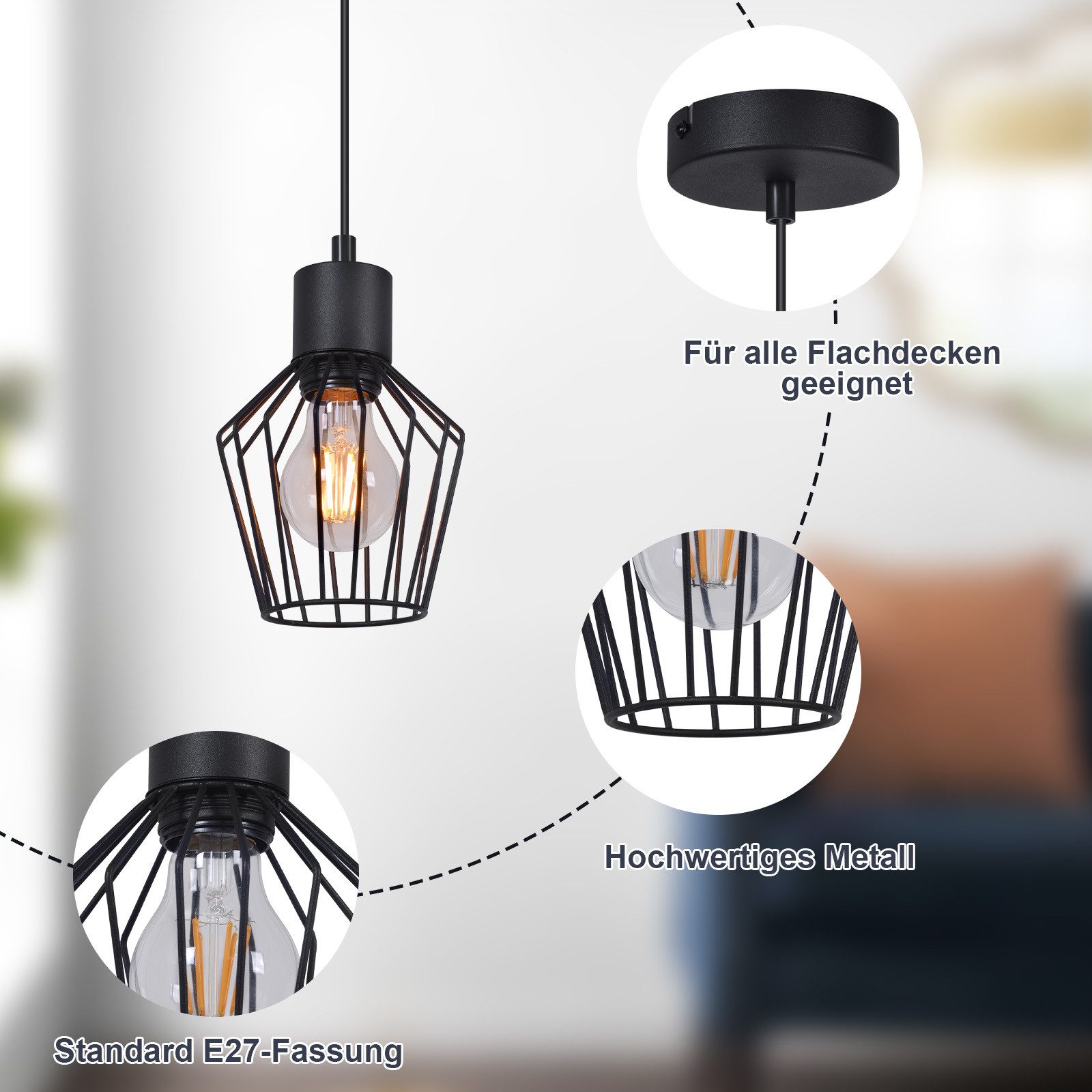 Nettlife Pendelleuchte Retro Schwarz Esstisch E27 Metall Industrie Stil Hängelampe, ohne Leuchtmittel, Wohnzimmer Küche Schlafzimmer Cafe – Bild 3 von 5