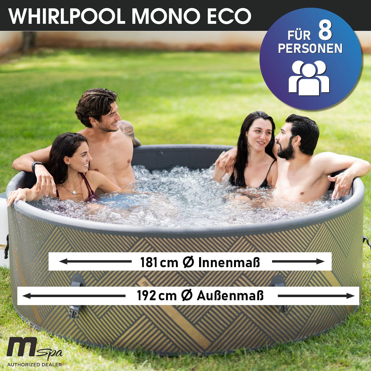 BRAST Whirlpool MSpa Verto-Serie, 5 Modelle, In- Outdoor Pool, Winterfest, (aufblasbar MSpa Mono Eco für 8 Personen, Ø192x65cm, 144 Massagedüsen in 3 Intensitäten), einfache Steuerung per App