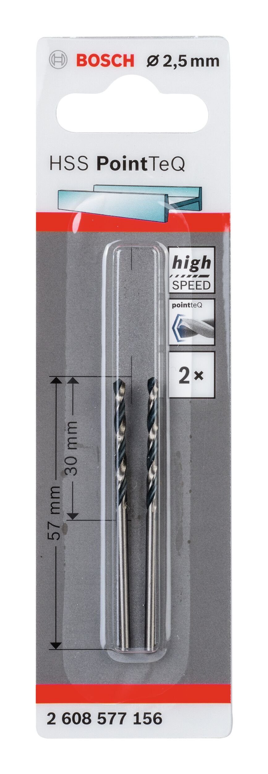 BOSCH Metallbohrer, Stück), (2 mm PointTeQ 2,5 - (DIN 338) 2er-Pack HSS Metallspiralbohrer 