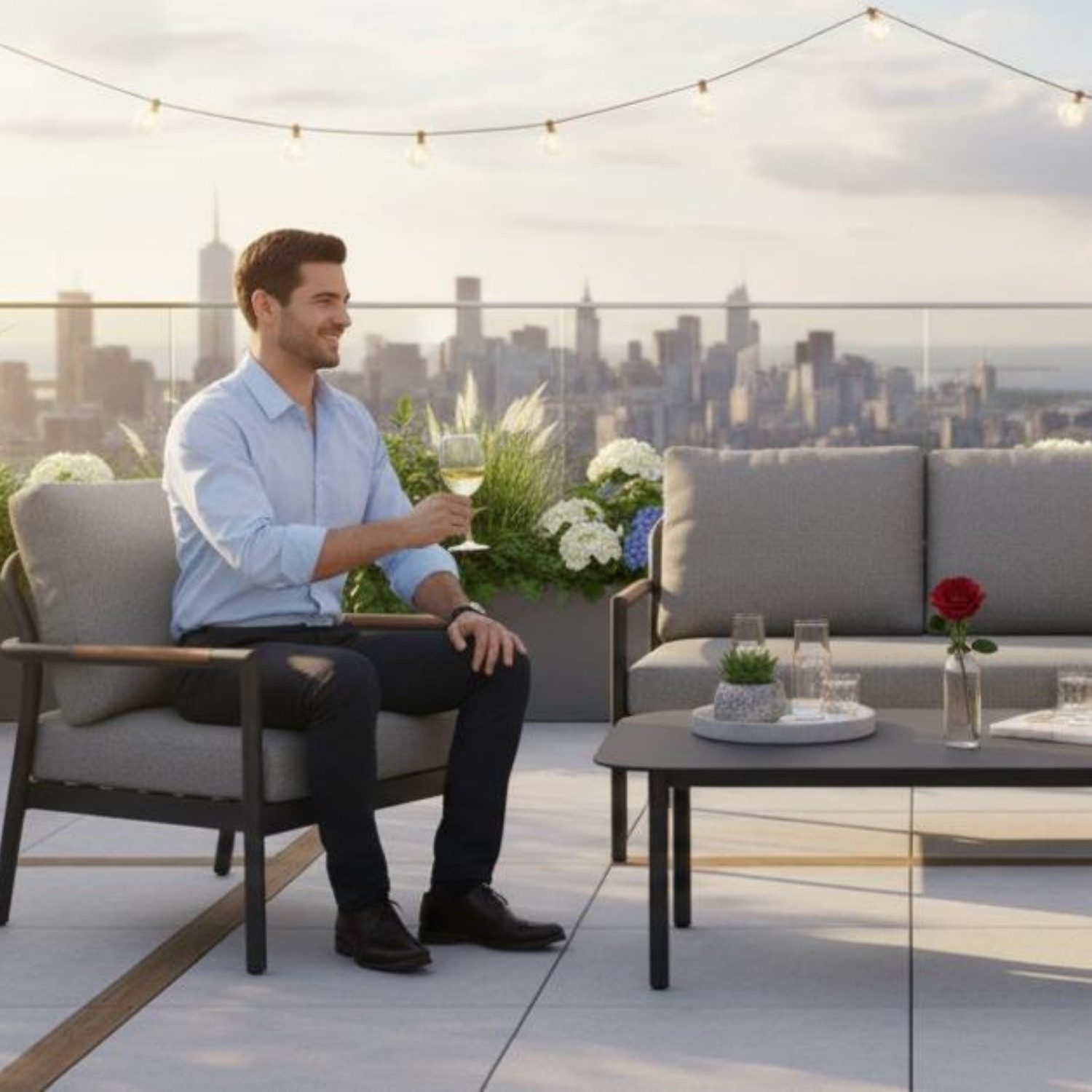 MR.DEKO Gartenlounge-Set Bilbao 4-teilig Aluminium + Teak-Armlehne Kissen Grau, Keramiktisch, (4-teiliges Set: 2 Sessel, 1 Bank & 1 Tisch, 4-tlg), Wetterfest & pflegeleicht Loungeset für Garten + Balkon