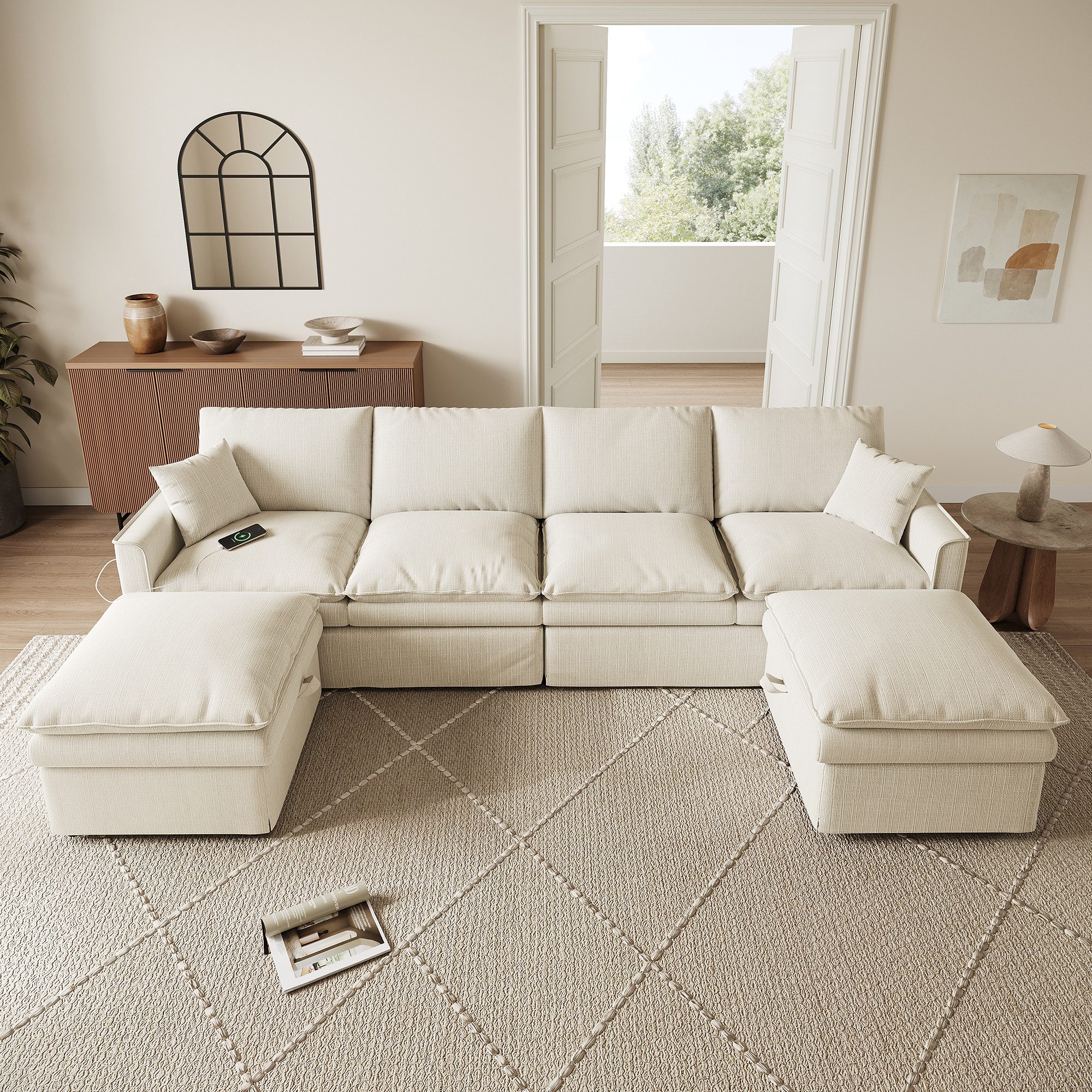 i@home 4-Sitzer 277cm Groß Modulares U‑/L‑förmiges Ecksofa, Leinen-Stoff,6‑Sitzer Sofa, Set 3 Teile, 4‑Sitzer Modulsofa mit 2 beweglichen Fußhockern mit Stauraum,Beige