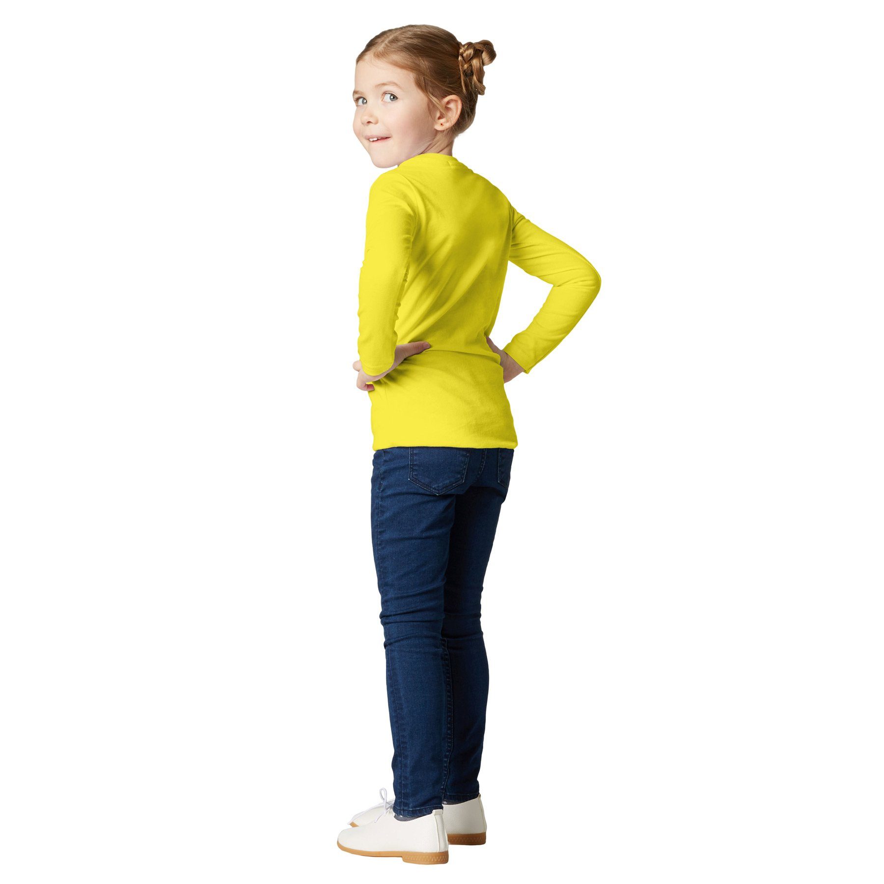 dressforfun Longsleeve Langarmtop, Für viele Outfits & Auftritte, Rundhals mit (Freizeitoberteil, Konfektionsgröße 116 (5-7 Jahre) in gelb) Einfarbiges Langarm-Shirt für Kinder, Fester Stoff, hoher Tragekomfort