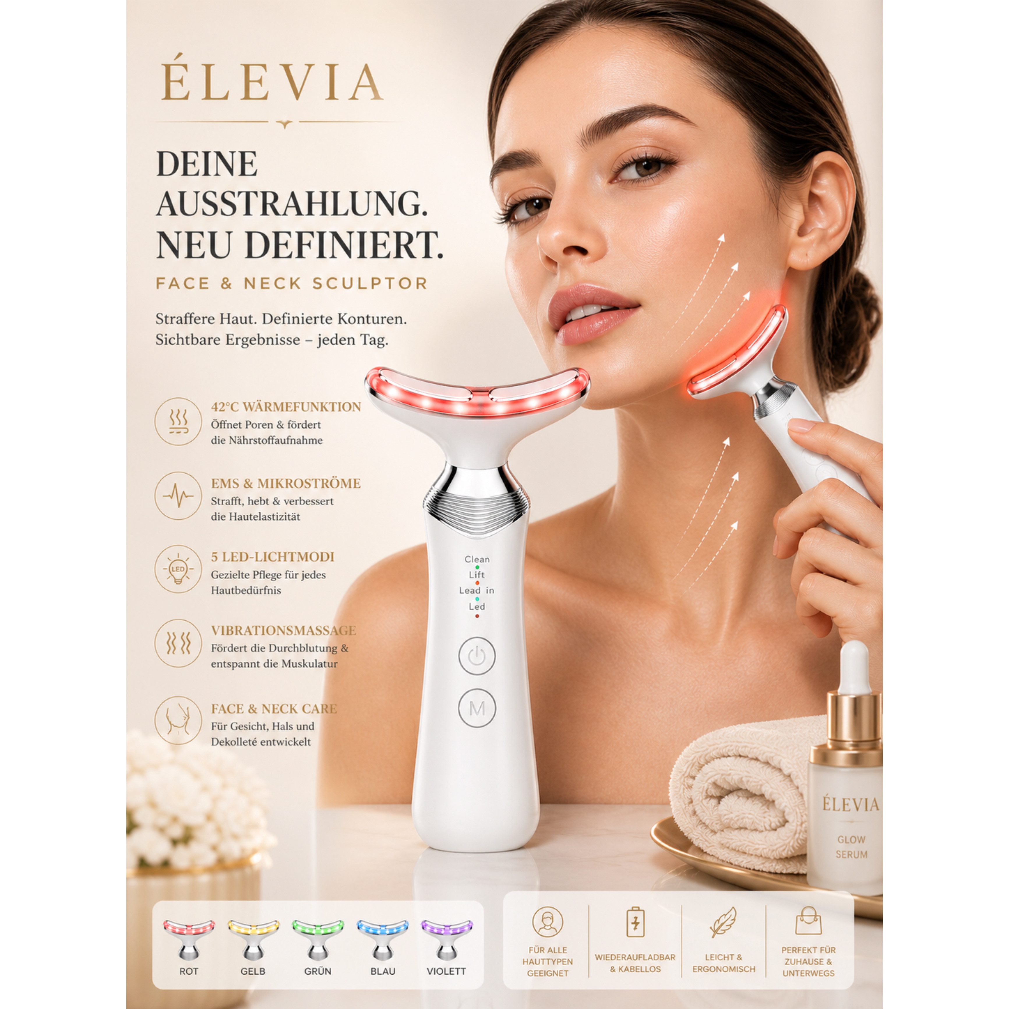 Lalano`S Cosmetics Gesichtsmassagegerät ÉLEVIA Face & Neck Sculptor mit EMS, Wärmefunktion & Vibrationsmassage, Anti-Aging Gerät für Gesicht, Hals & Dekolleté mit 5 LED-Lichtmodi
