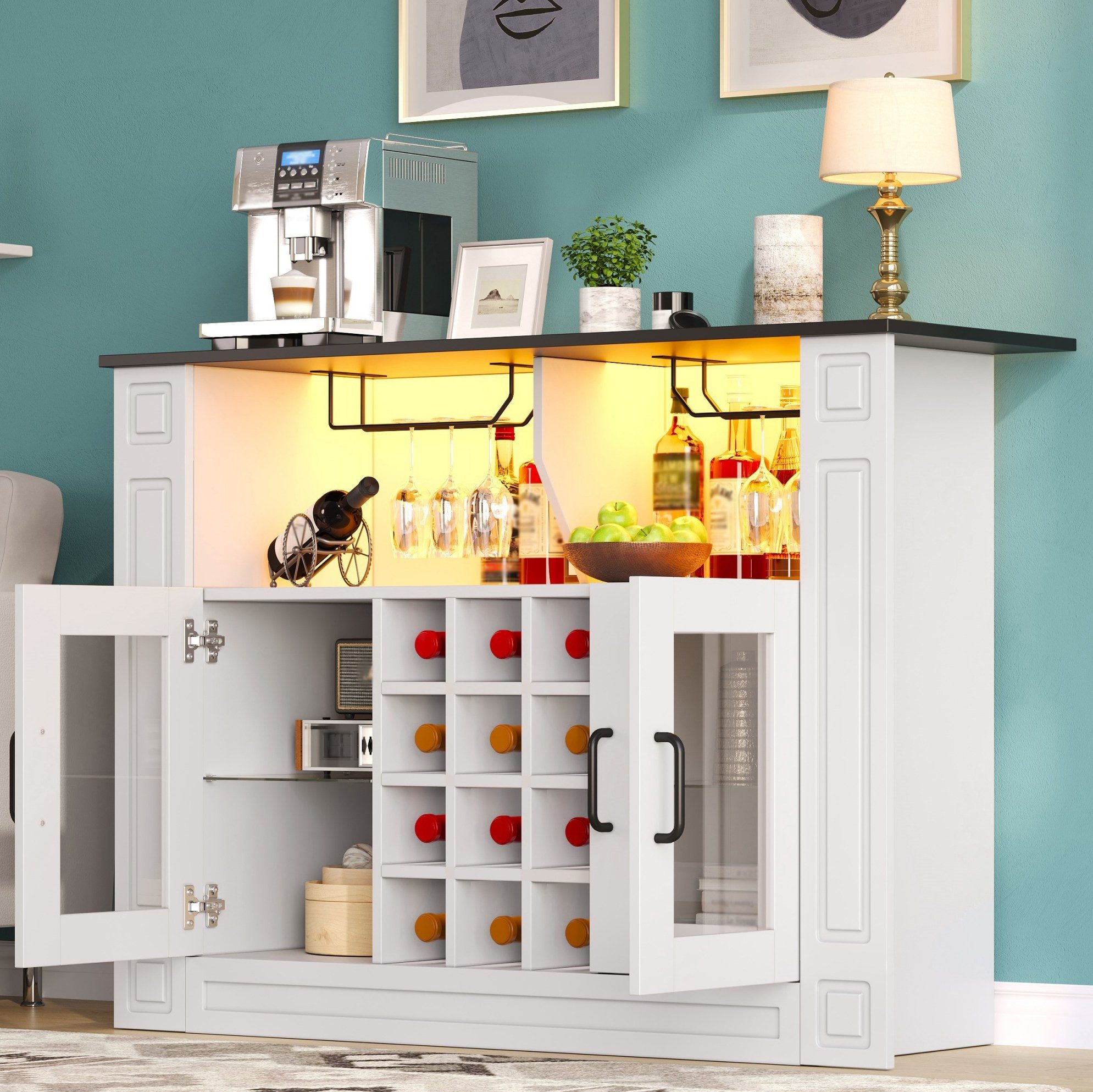 REDOM Weinschrank Weinregal Schrank mit LED Beleuchtung 120×35×84 cm (Packung, 1-St., Barschrank Möbel für Küche Esszimmer und Wohnzimmer) Servierschrank mit Weinhalterung und flexiblen Regalböden