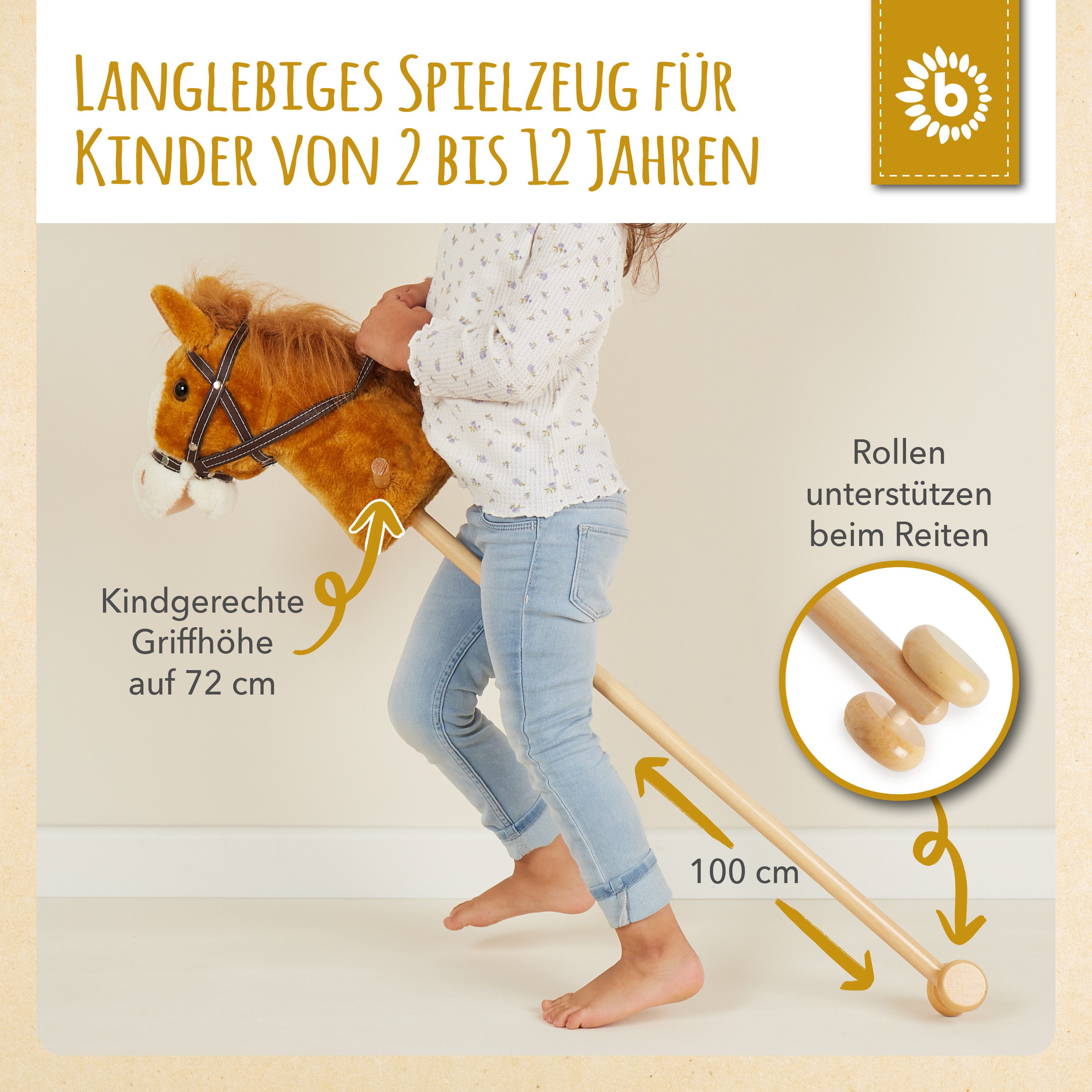 BIECO Steckenpferd Steckenpferd Kinder Brownie Hobby Horse Pferde Steckenpferd Rollen – Bild 4 von 5