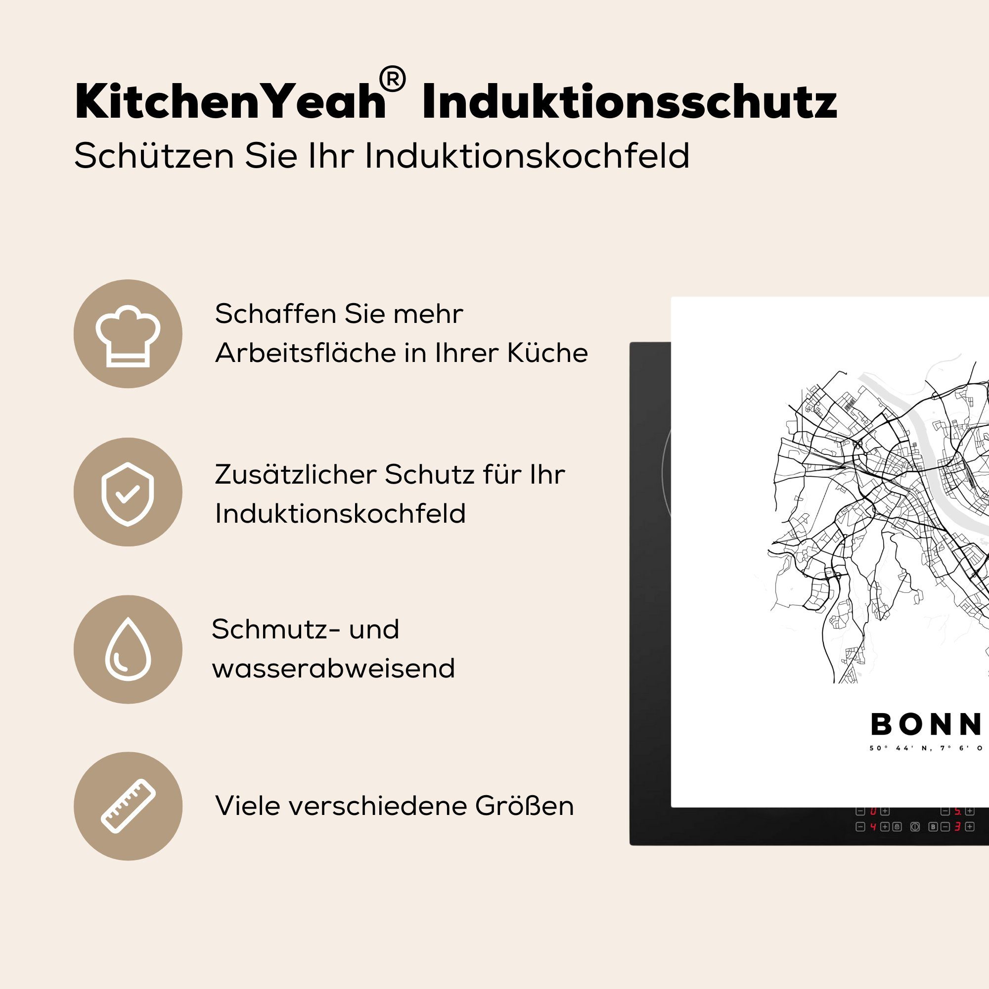 Deutschland Karte, Arbeitsplatte Bonn Herdblende-/Abdeckplatte 78x78 und - weiß - - küche cm, für tlg), Vinyl, Ceranfeldabdeckung, Stadtplan (1 MuchoWow Schwarz -