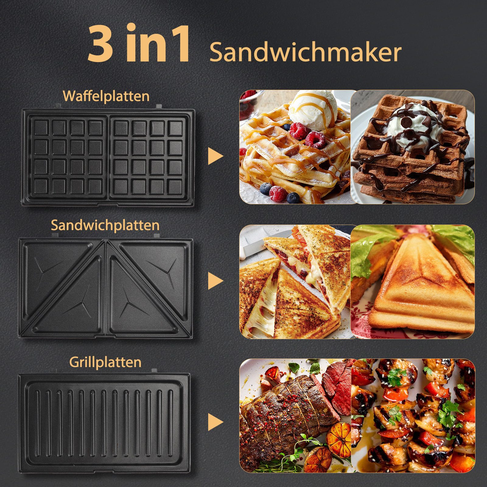 Aigostar 3-in-1-Kombi-Waffeleisen 750 W Sandwichmaker, 3 Austauschbare Platten, Beidseitiges Grillen, 750,00 W, Antihaftbeschichtet, Automatisches Thermostat, Wärmeisolierender Griff