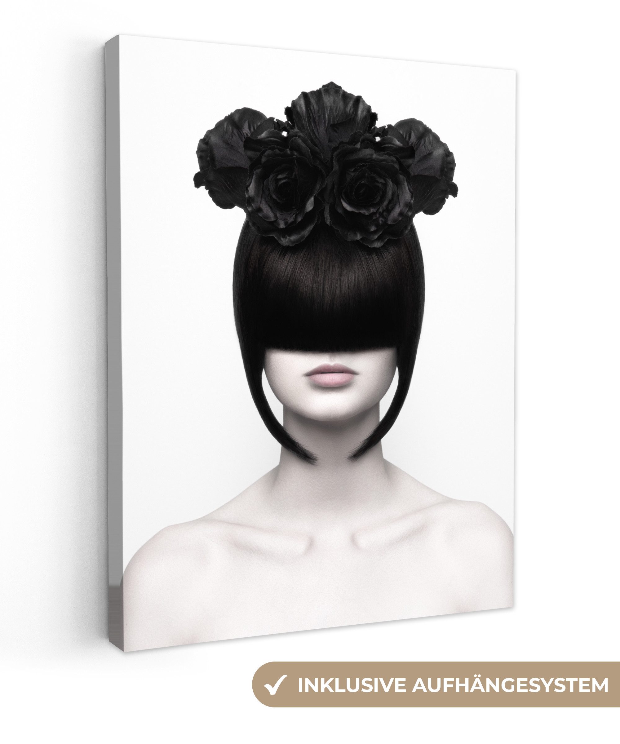 OneMillionCanvasses® Leinwandbild Porträt - Frau - Rosen - Abstrakt - Schwarz-Weiß, Fotodruck (1 St), Leinwand Изображения für Wohnzimmer Schlafzimmer 30x40 cm